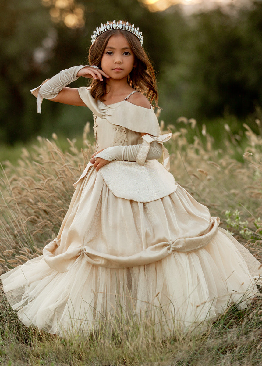 Light Gold Princess Costume Set for Girls - Elegant Dress, Tiara & Accessories for Birthday Parties, Halloween & Dress-Up Play