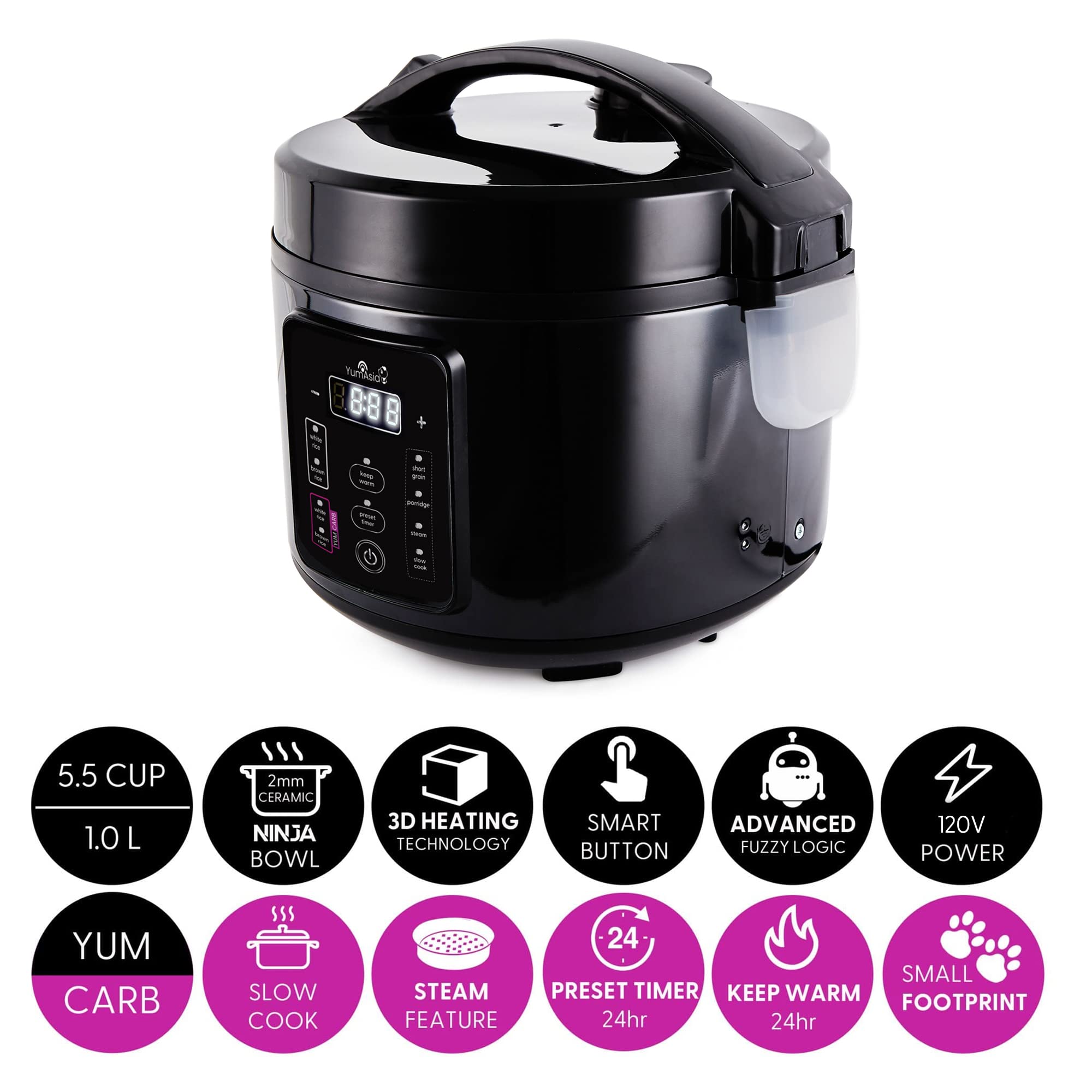 Yum Asia Kumo YumCarb 5.5 Cup (1 Liter) Rice Cooker with Ceramic Bowl - Fuzzy Logic Technology, 5 Rice Cooking & 3 Multicooker Functions, 110V US Plug (Dark Stainless Steel) - Perfect for Home Kitchens, Dorm Rooms & Small Families