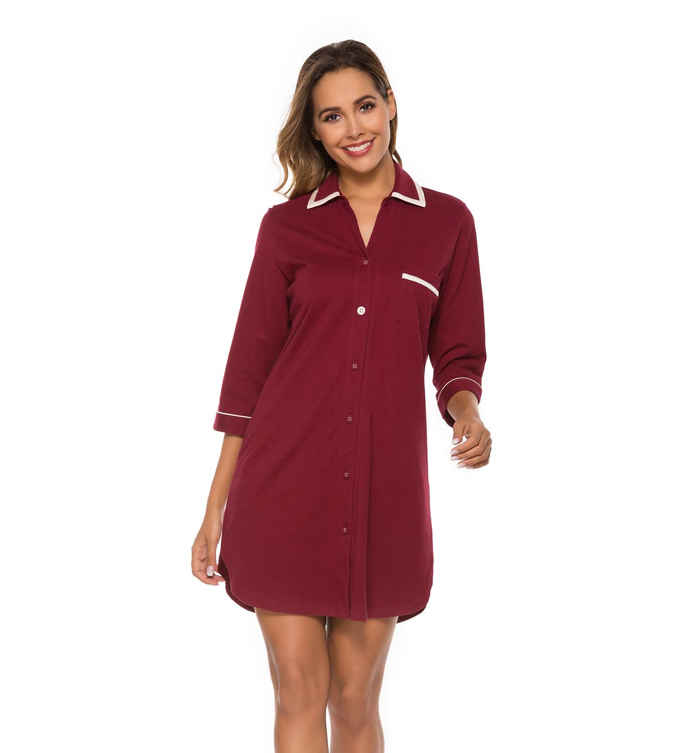 COLORFULLEAF Women's 100% Cotton 3/4 Sleeve Button Down Nightgown - Soft Sleepwear Night Dress Sizes S-XXL - Perfect for Comfortable Sleep & Lounge Wear