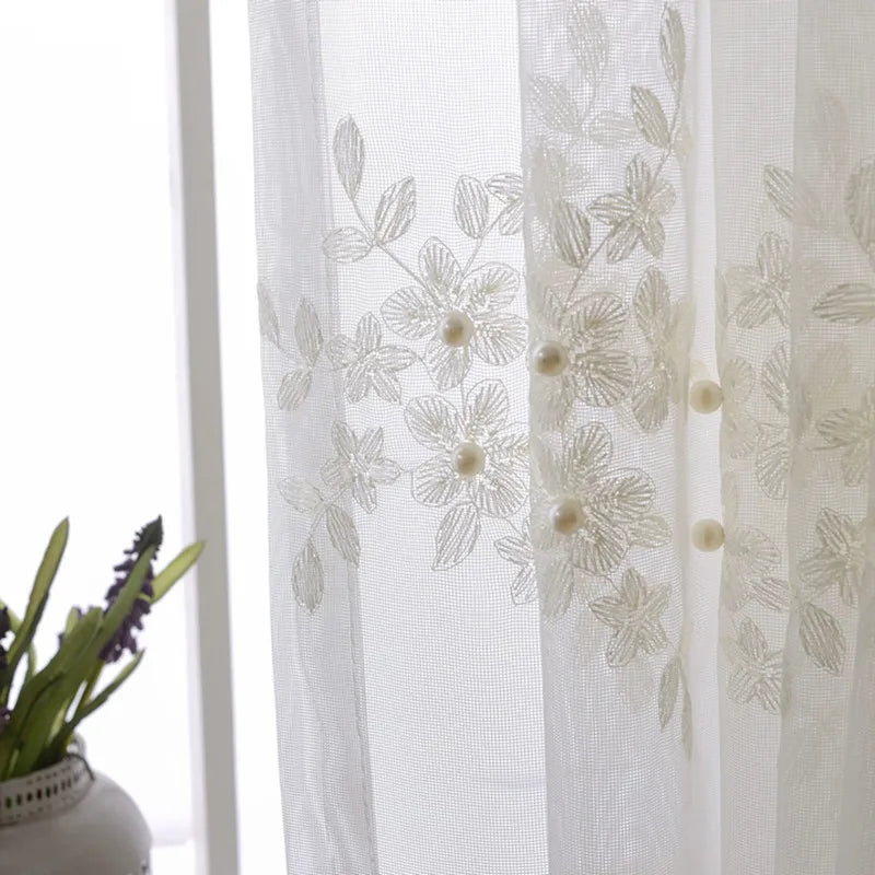Brittany Floral Embroidery Sheer Curtain with Pearls - Elegant Window Treatment for Living Room, Bedroom & Nursery Decor