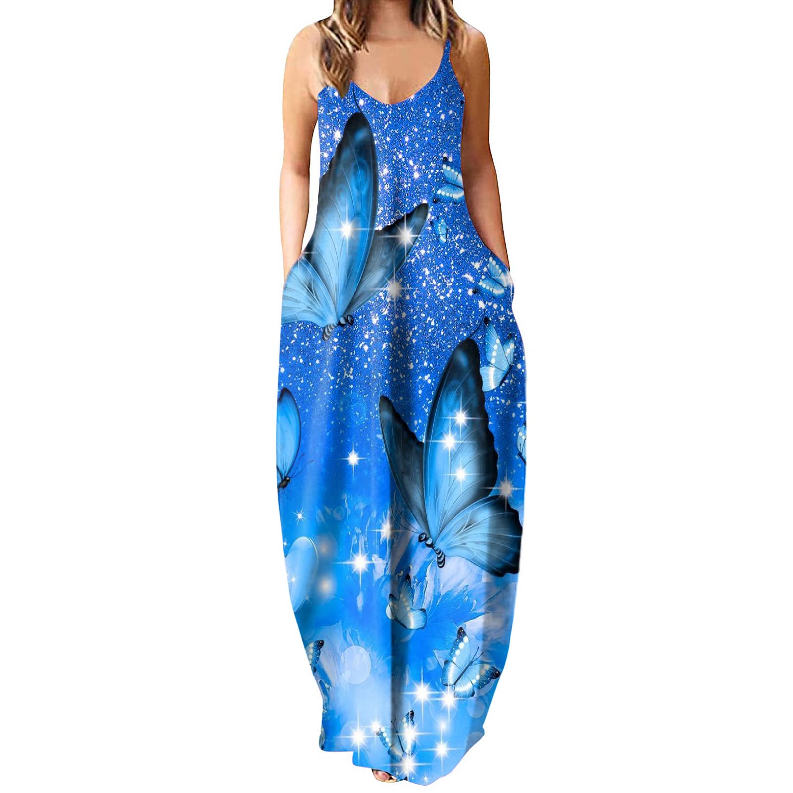 Plus Size Maxi Dress for Women - Sexy Sleeveless Spaghetti Strap V-Neck Boho Long Dress with Pockets | Perfect for Beach Vacations, Summer Parties & Casual Outings