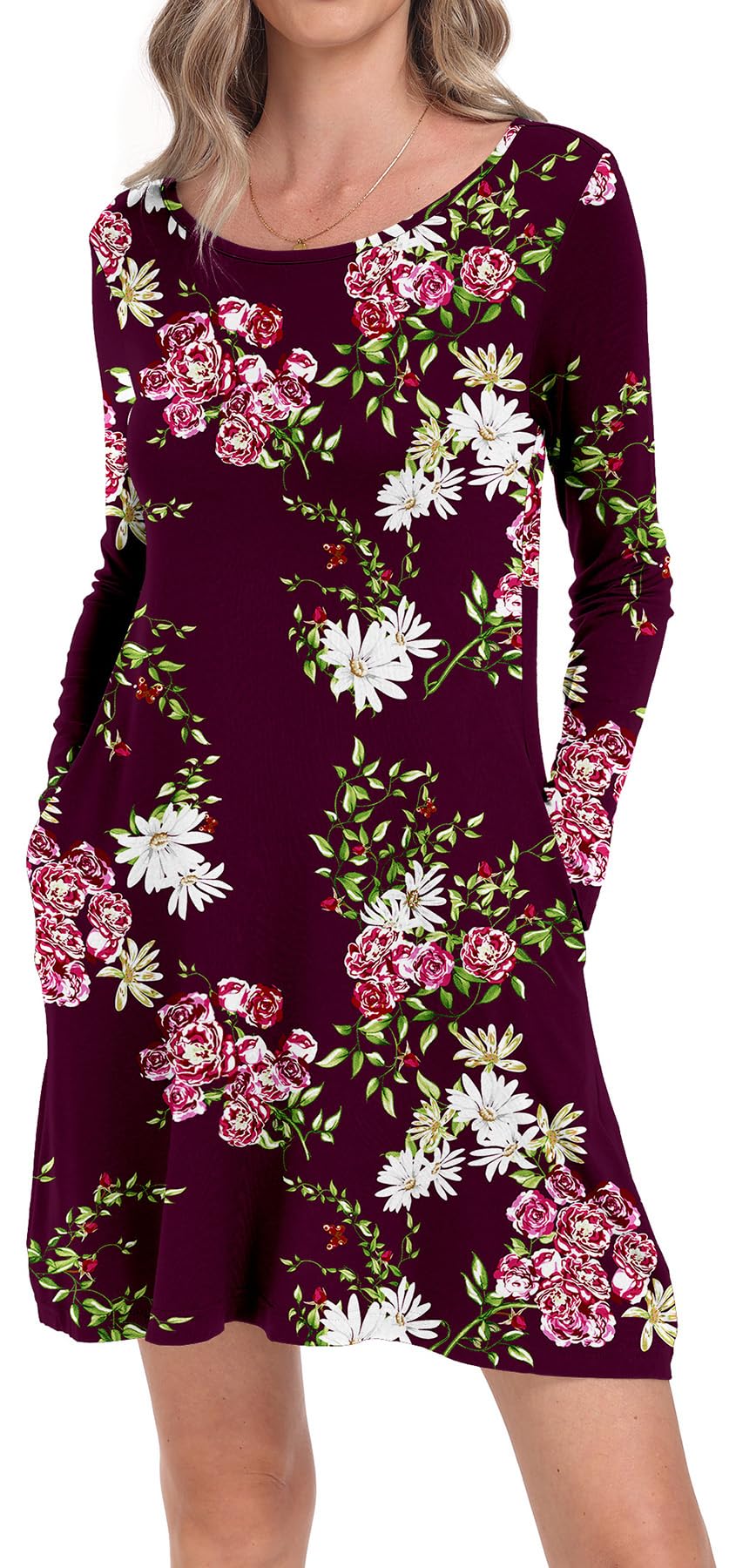 Women's Long Sleeve Pocket T-Shirt Dress - Casual Loose Fit Comfortable Maxi Dress for Everyday Wear, Lounge & Outings