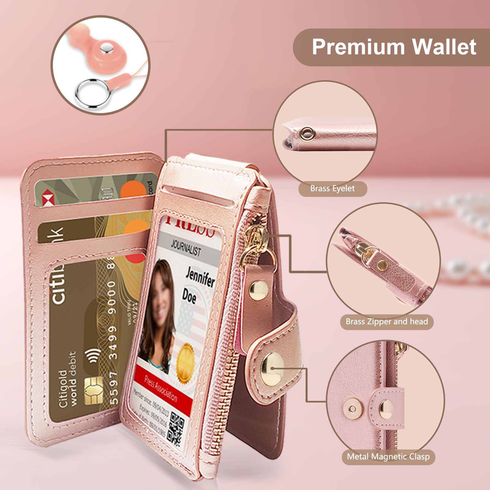 Premium Bifold Leather Wallet for Women with ID Window & Phone Holder - Durable RFID Blocking Card Case with Detachable Lanyard (Rose Pink) - Perfect for Everyday Use, Travel, and Hands-Free Convenience