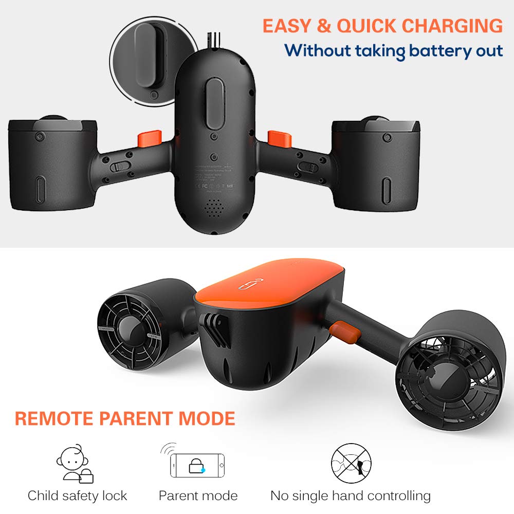 GENEINNO 350W Dual Motor Underwater Sea Scooter - 45min Runtime Scuba Diving Water Scooter for Adults & Kids - Swimming Pool, Ocean Diving, Snorkeling Water Sports Equipment (Orange)