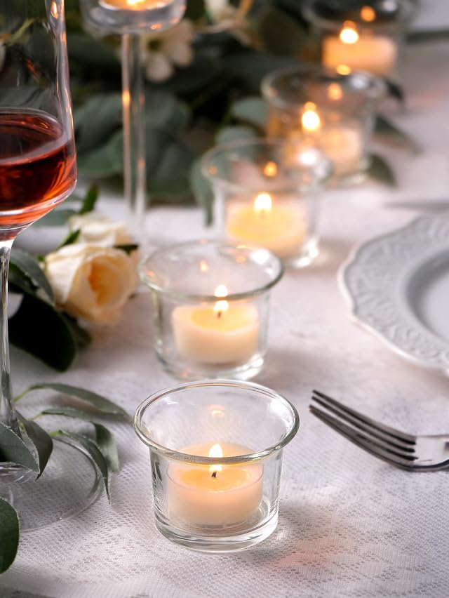 Letine Set of 12 Clear Glass Tealight Candle Holders - Bulk Votive Candle Holders for Christmas Decorations, Weddings, Parties & Home Decor - Perfect for Centerpieces, Table Settings and Romantic Ambiance