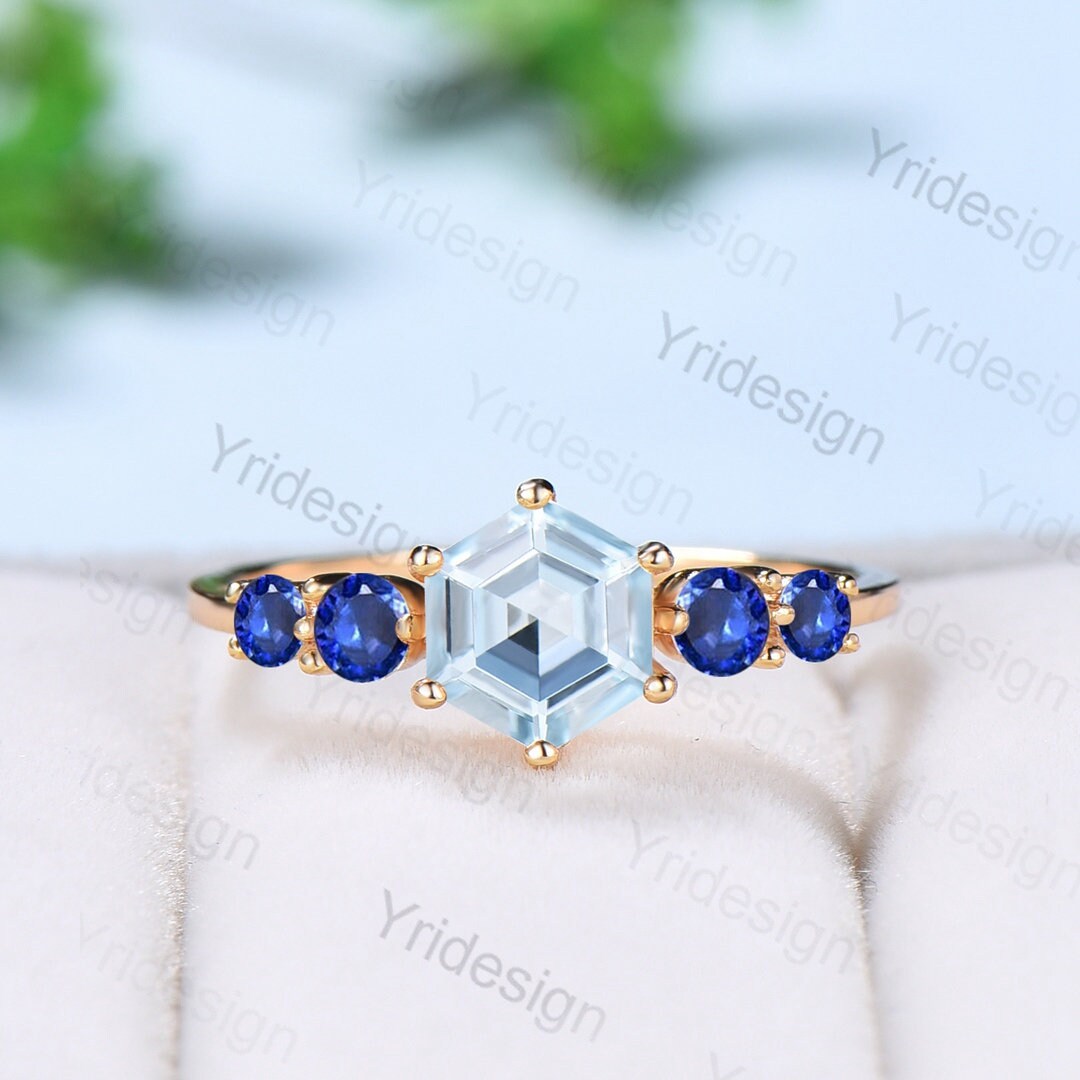 1CT Hexagon Aquamarine Engagement Ring - Five Stone Sapphire Ring in Rose Gold - Solid Art Deco Blue Gemstone Promise Ring for Women - Perfect for Proposals, Anniversaries & Special Occasions