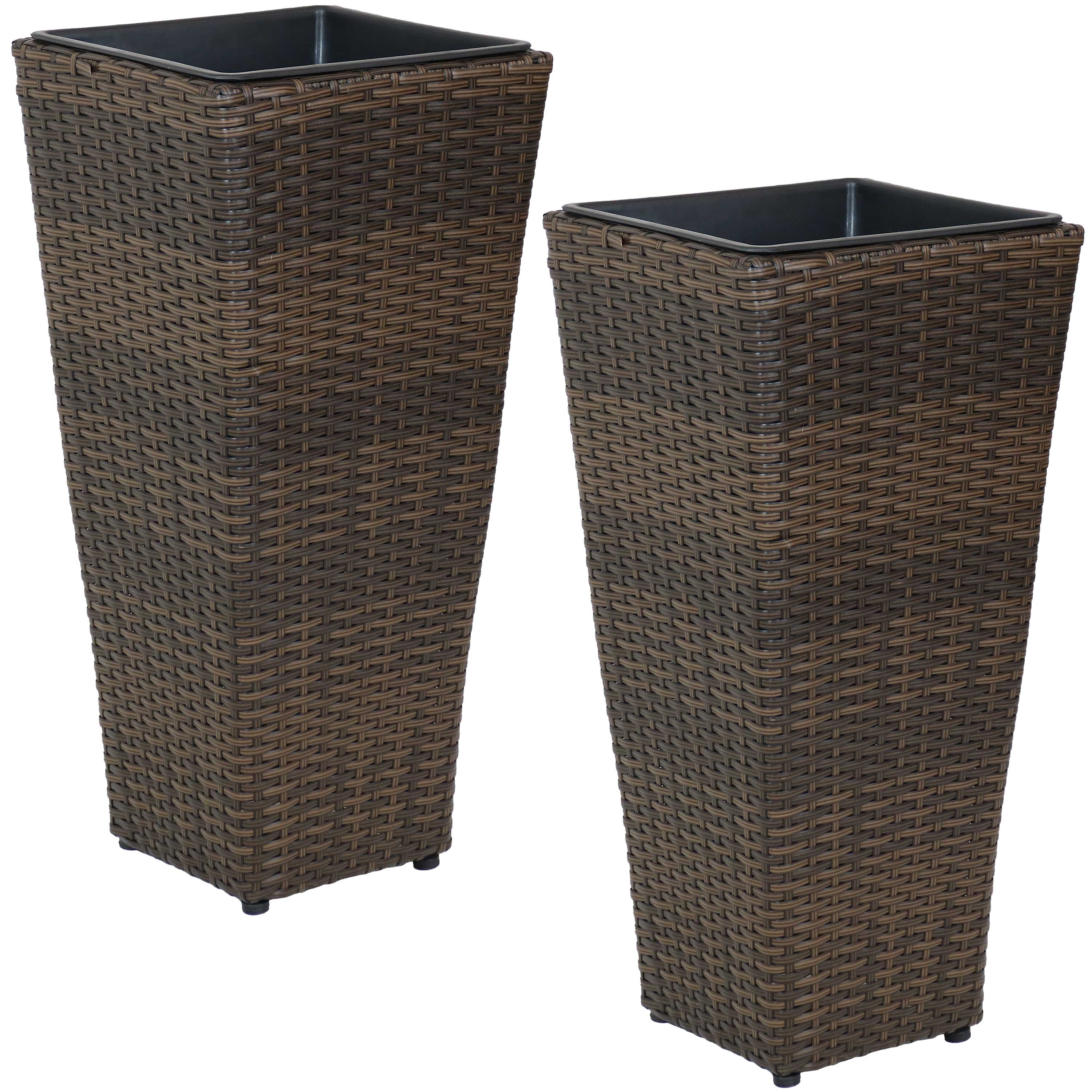 Sunnydaze 2-Piece Set of Brown Square Tall Wicker Planters - Durable Poly Rattan Outdoor Garden Decor for Patio, Balcony & Backyard Landscaping
