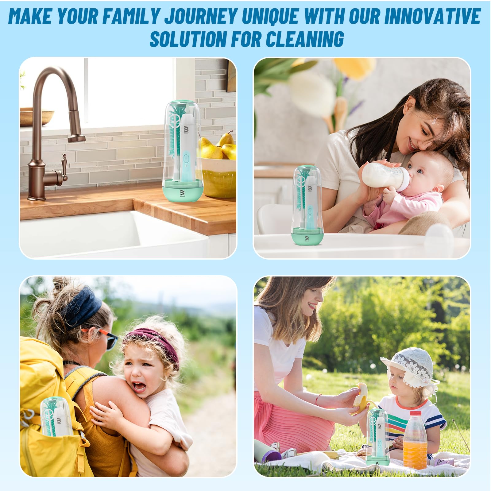 Electric Bottle Brush Cleaner with UV Light - Rechargeable & Waterproof Baby Bottle Cleaning Brush Set with 2 Heads, Straw Cleaner, Storage Pouch & Mixing Head | Perfect for Baby Bottles, Sippy Cups, Travel Mugs & Water Bottles