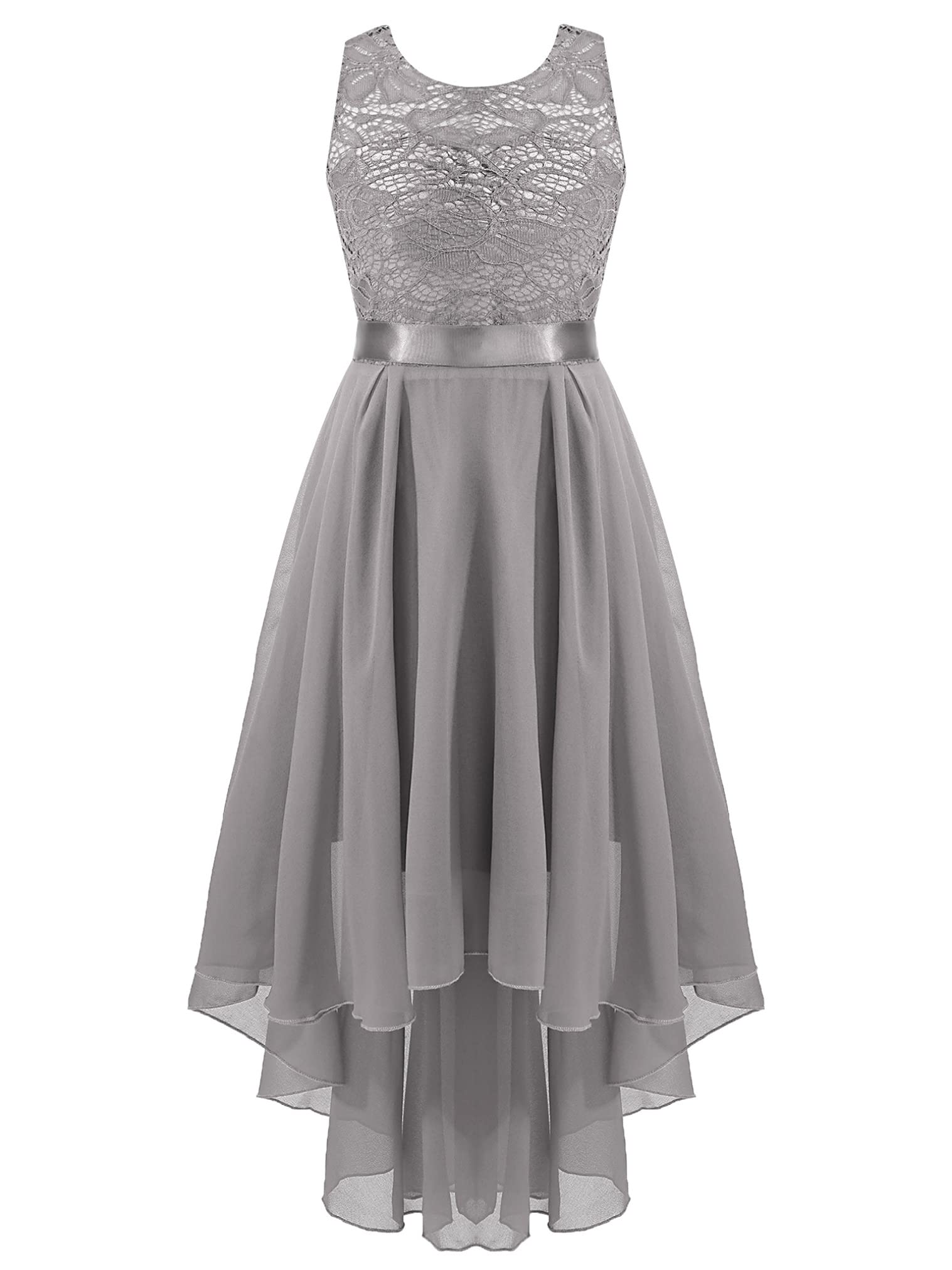 Girls Chiffon Sleeveless Floral Lace Bridesmaid Dress with High-Low Hem - Perfect for Weddings, Flower Girls, and Special Occasions