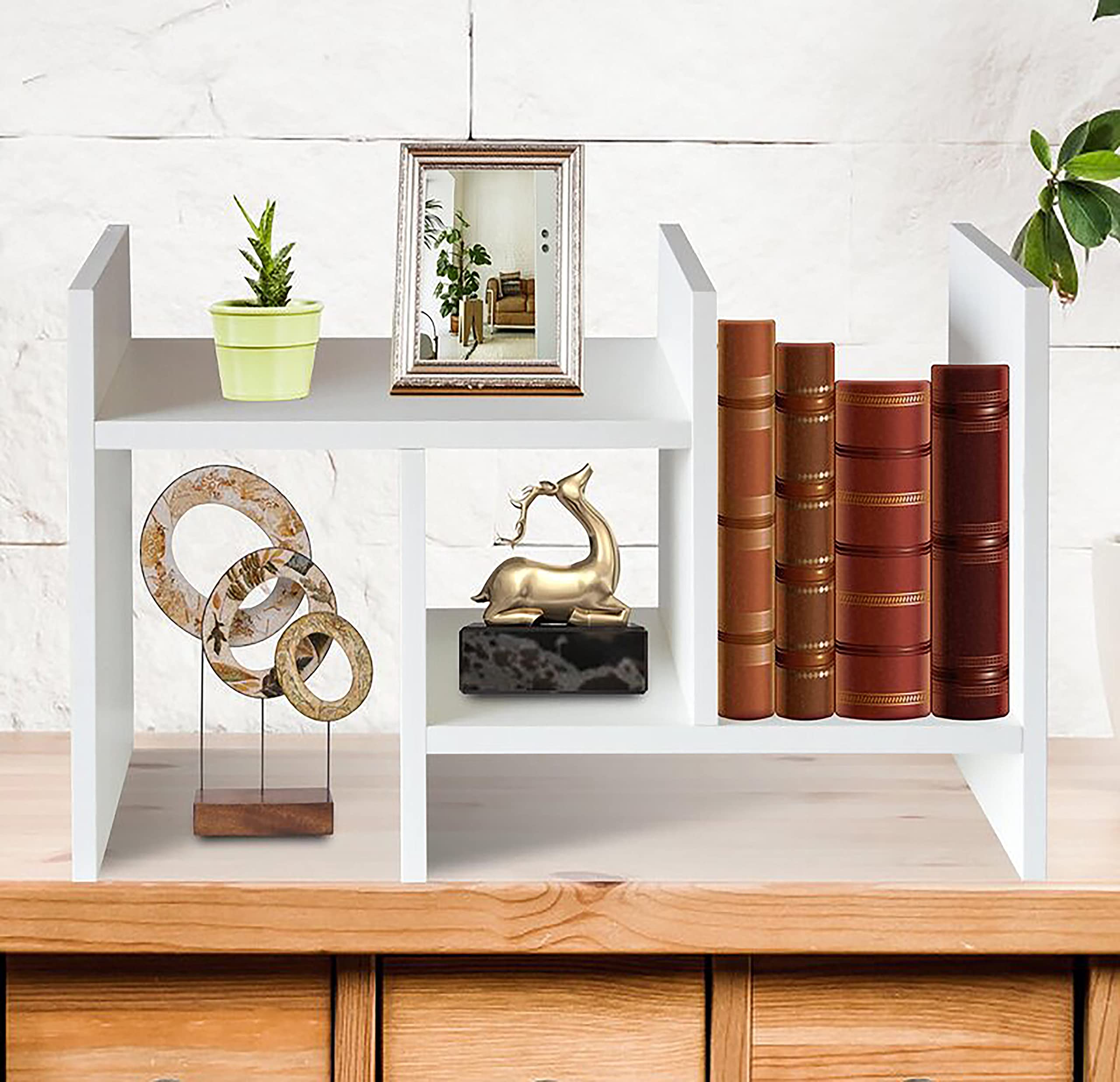 Adjustable Wooden Desktop Bookshelf Organizer - Office Desk Storage Rack with Free-Style Display, Natural Wood Stand for Books, Supplies & Decor | Perfect for Home Office, Study Room & Workspace (White)