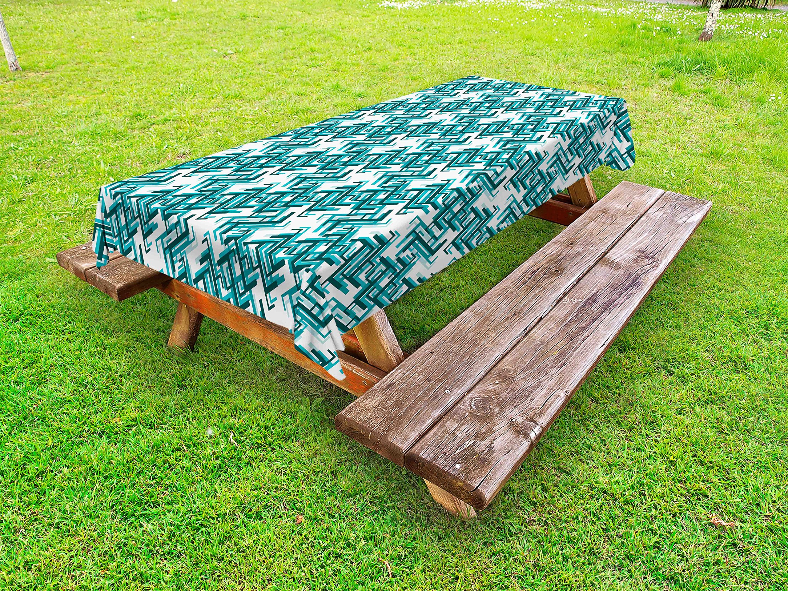 Ambesonne Abstract Outdoor Tablecloth - Retro Architecture Modern Maze Design, Washable Picnic Table Cover 58x120 Inches, Turquoise Teal White - Perfect for Garden Parties, BBQs, and Outdoor Dining