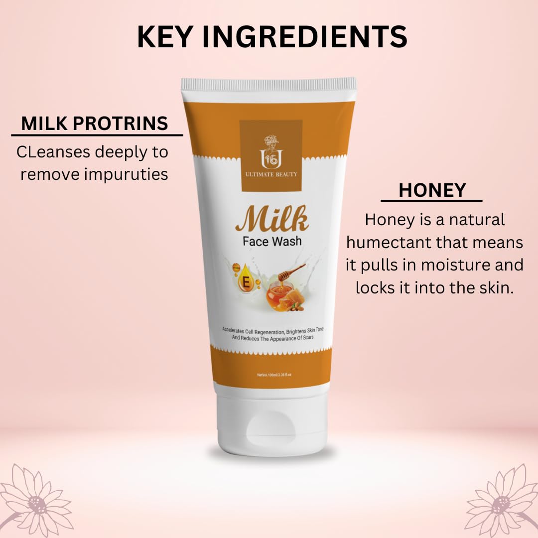 U16 Milk Face Wash 100ml - Gentle Cleanser for Soft, Deeply Nourished Skin | Smooths Dry & Oily Skin with Almond, Honey & Wheat Germ Oil + Vitamin E | Perfect for Morning & Night Skincare Routine