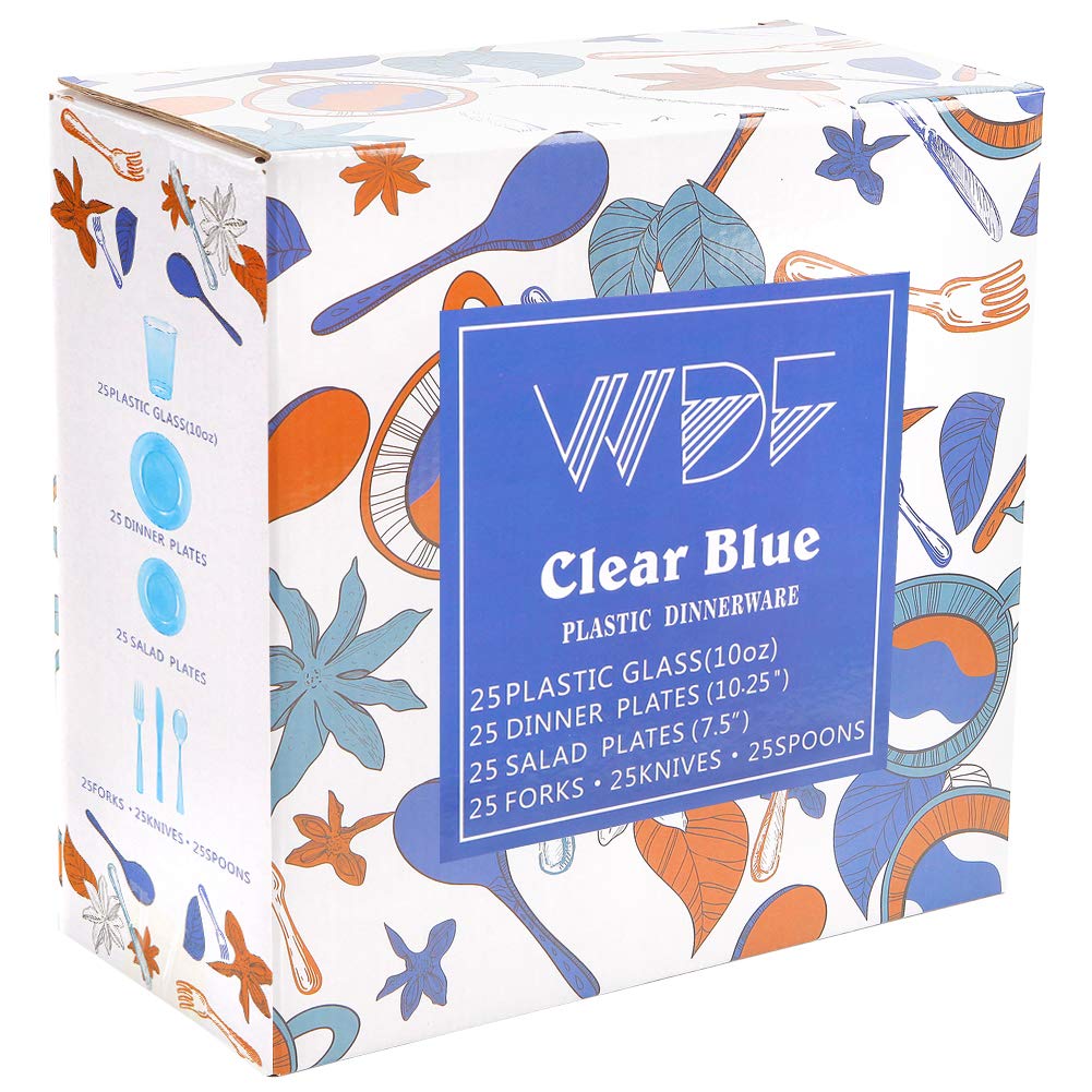 WDF 25-Piece Blue Disposable Dinnerware Set - Includes 25 Dinner Plates, 25 Salad Plates, 25 Forks, 25 Knives, 25 Spoons & 25 Blue Plastic Cups - Perfect for Easter Parties, Picnics & Outdoor Events
