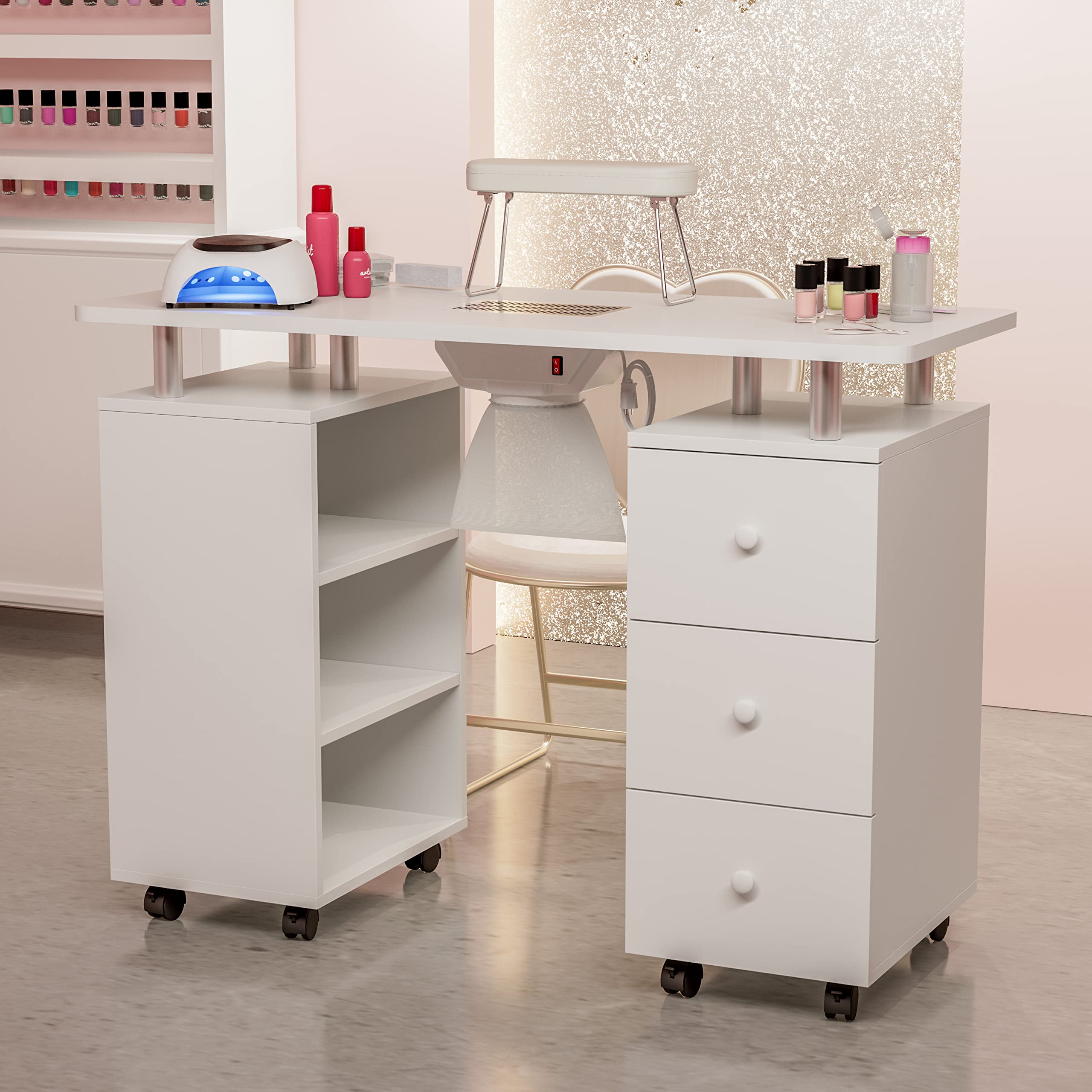 Professional Nail Salon Manicure Table with Electric Downdraft Ventilation System - Foldable Armrest, Lockable Wheels, 3-Tier Storage Shelves & Drawers - Portable Beauty Station for Nail Technicians (White) | Perfect for Home Salons, Spa Treatments & Professional Nail Services