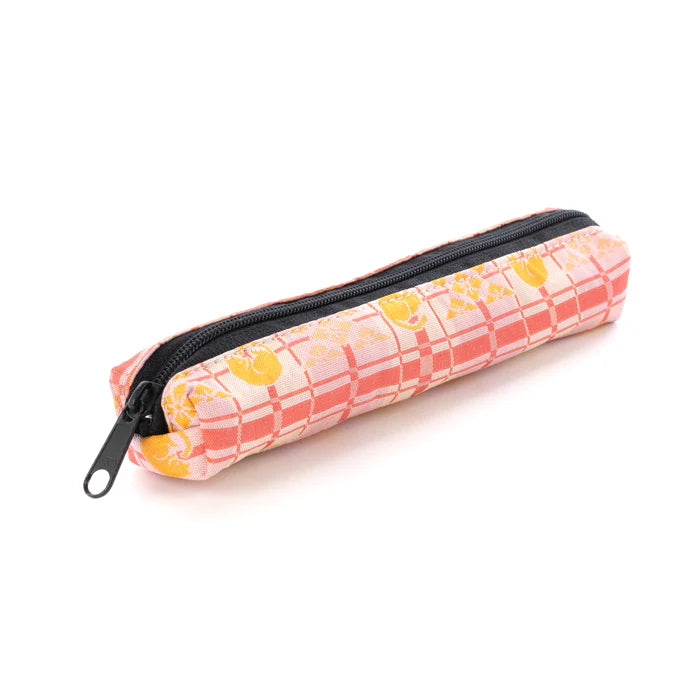 Japanese Nishijin Ori Pencil Case - Pink Good Luck Cat & Cross Stripes Pattern | Kyoto Traditional Craft Pen Pouch | Perfect for School, Office & Gift Giving