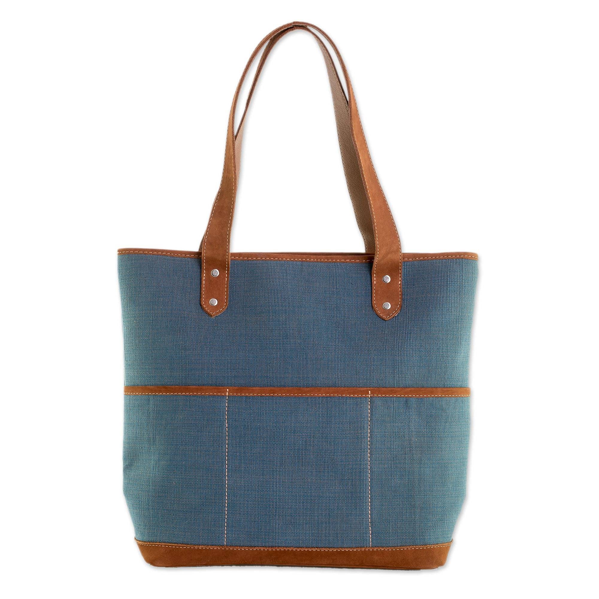 NOVICA Handmade Blue Leather Accent Cotton Shoulder Bag for Women - 100% Cotton, Bohemian Style, Azure Bliss - Perfect for Travel, Shopping & Casual Outings