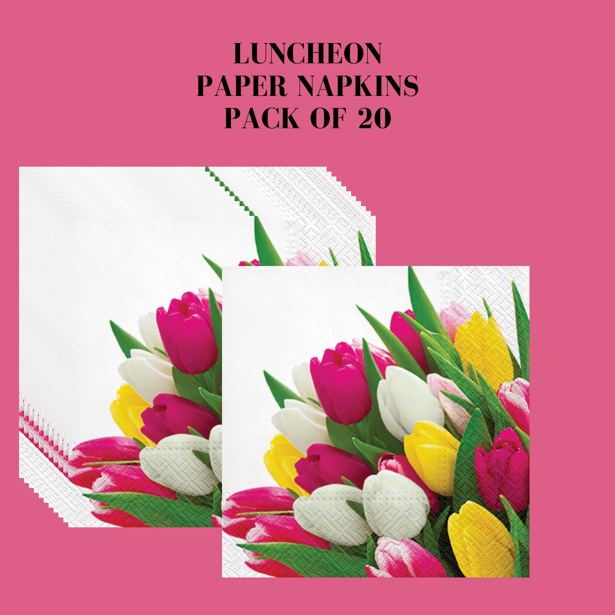 20-Count 13x13 Inch Tulip Printed 3-Ply Decoupage Paper Napkins for Christmas, Dinner & Party Decor - Disposable Luncheon Serviettes with Floral Design - Perfect for Table Settings, Wedding Receptions & Spring Tea Parties (Bunch of Tulips)