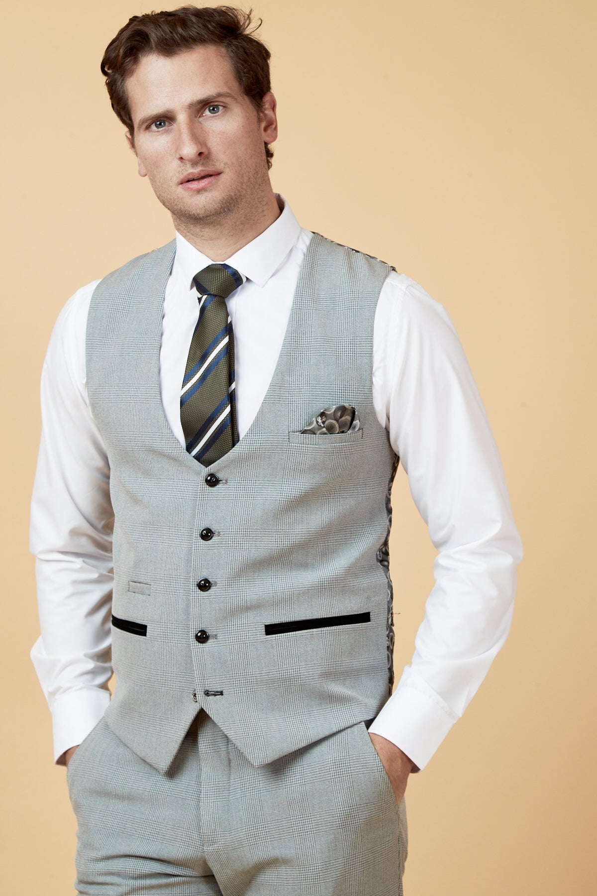 BROMLEY Men's Silver Grey Single Breasted Check Waistcoat Vest - Formal Office Wear & Wedding Attire