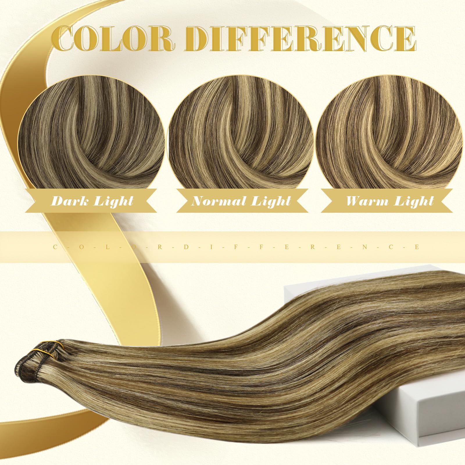 Ve Sunny 18inch Clip-in Human Hair Extensions - 7pcs 120g Dark Brown with Caramel Blonde Highlights | Real Human Hair for Volume & Length | Perfect for Parties, Weddings & Daily Styling