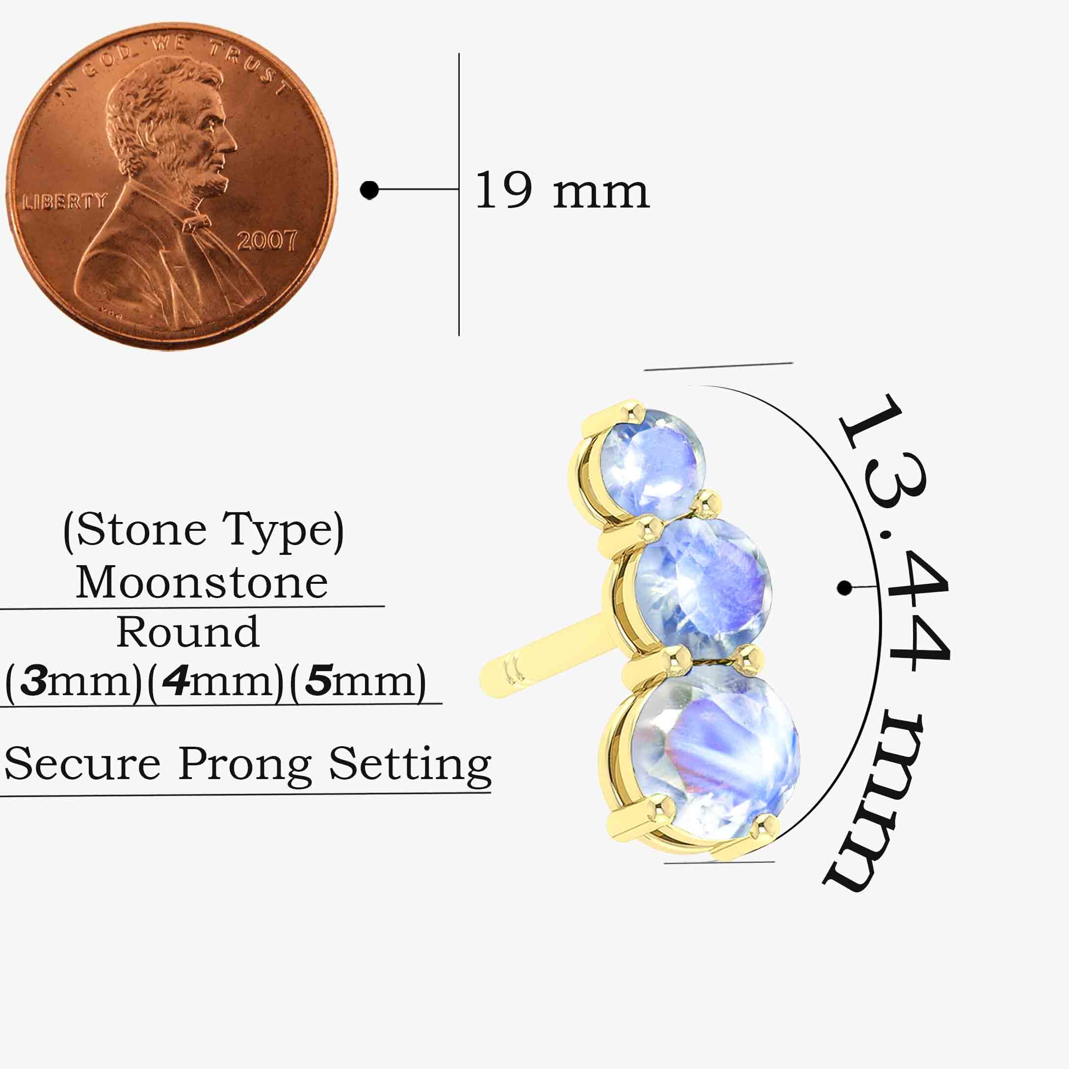 Three Stone Rainbow Moonstone Stud Earrings for Women | Natural Gemstone Jewelry Gift for Birthday, Anniversary & Special Occasions
