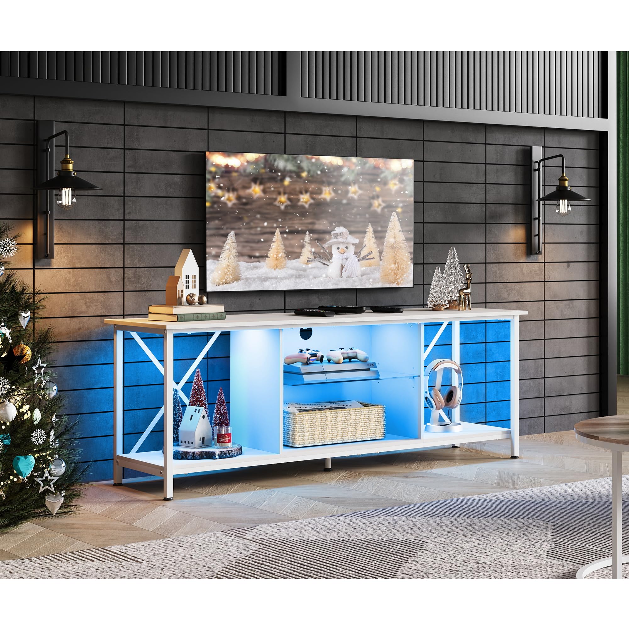**WLIVE 65 Inch TV Stand with LED Lights, Industrial TV Console with Glass Shelves for Living Room & Bedroom - Modern Entertainment Center for 55-65 Inch TVs (White) - Perfect for Home Theater & Stylish Decor**