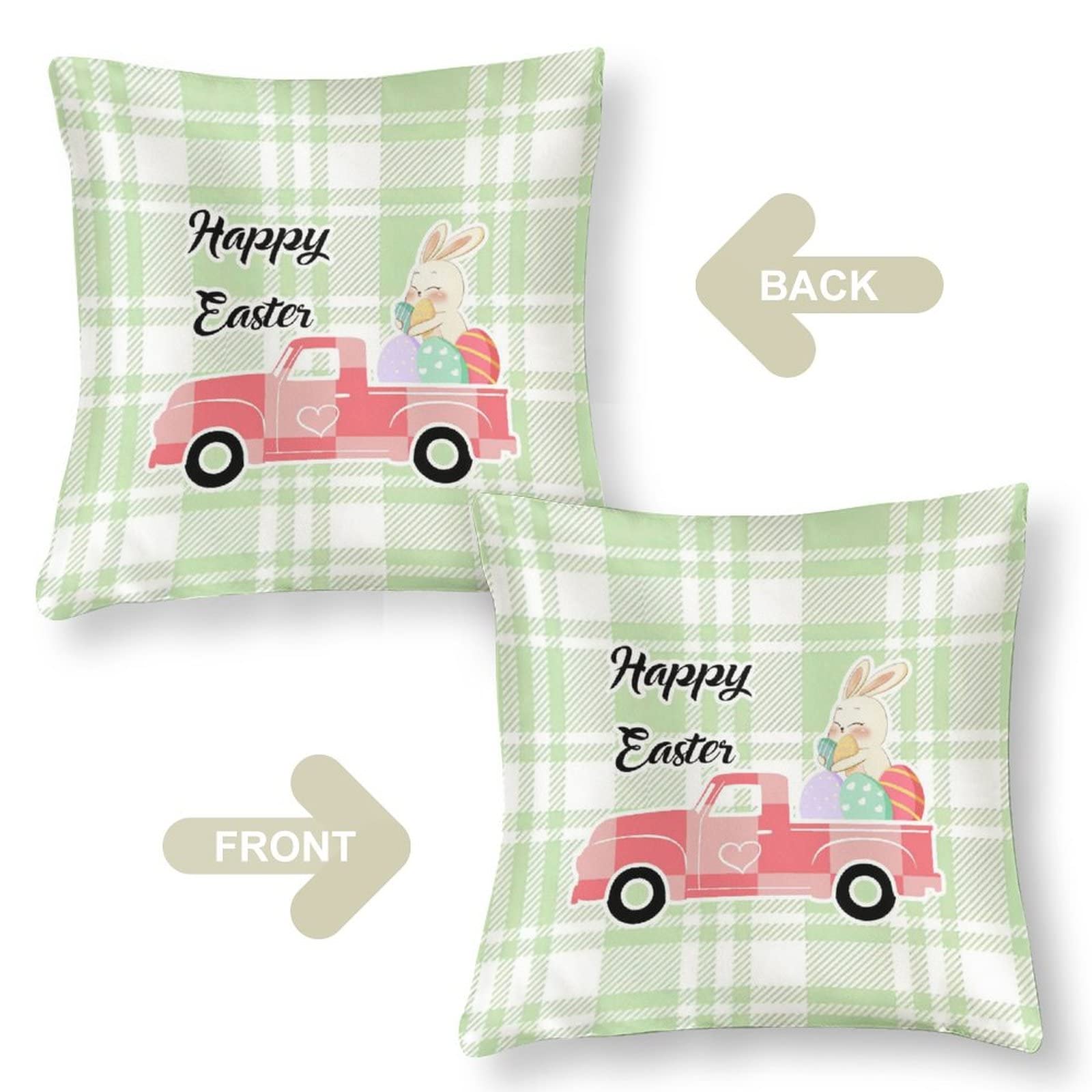 Happy Easter Cartoon Rabbit Bunny Eggs Buffalo Plaid Silk Throw Pillow Covers 26x26 - Decorative Easter Pillow Covers for Living Room, Bedroom, Sofa | Easter Home Decor, Spring Party Decorations, Holiday Gift Idea