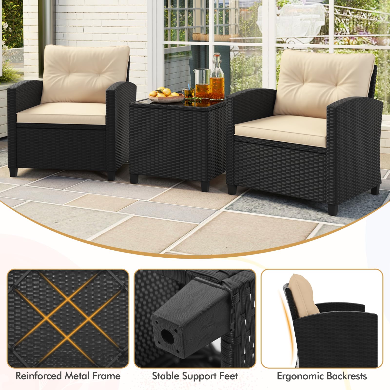 HAPPYGRILL 3-Piece PE Rattan Outdoor Patio Furniture Set with Tempered Glass Coffee Table & Washable Cushions - Wicker Bistro Sofa Conversation Set for Garden, Poolside, Balcony, Backyard (Beige) | Perfect for Relaxing, Entertaining & Outdoor Dining