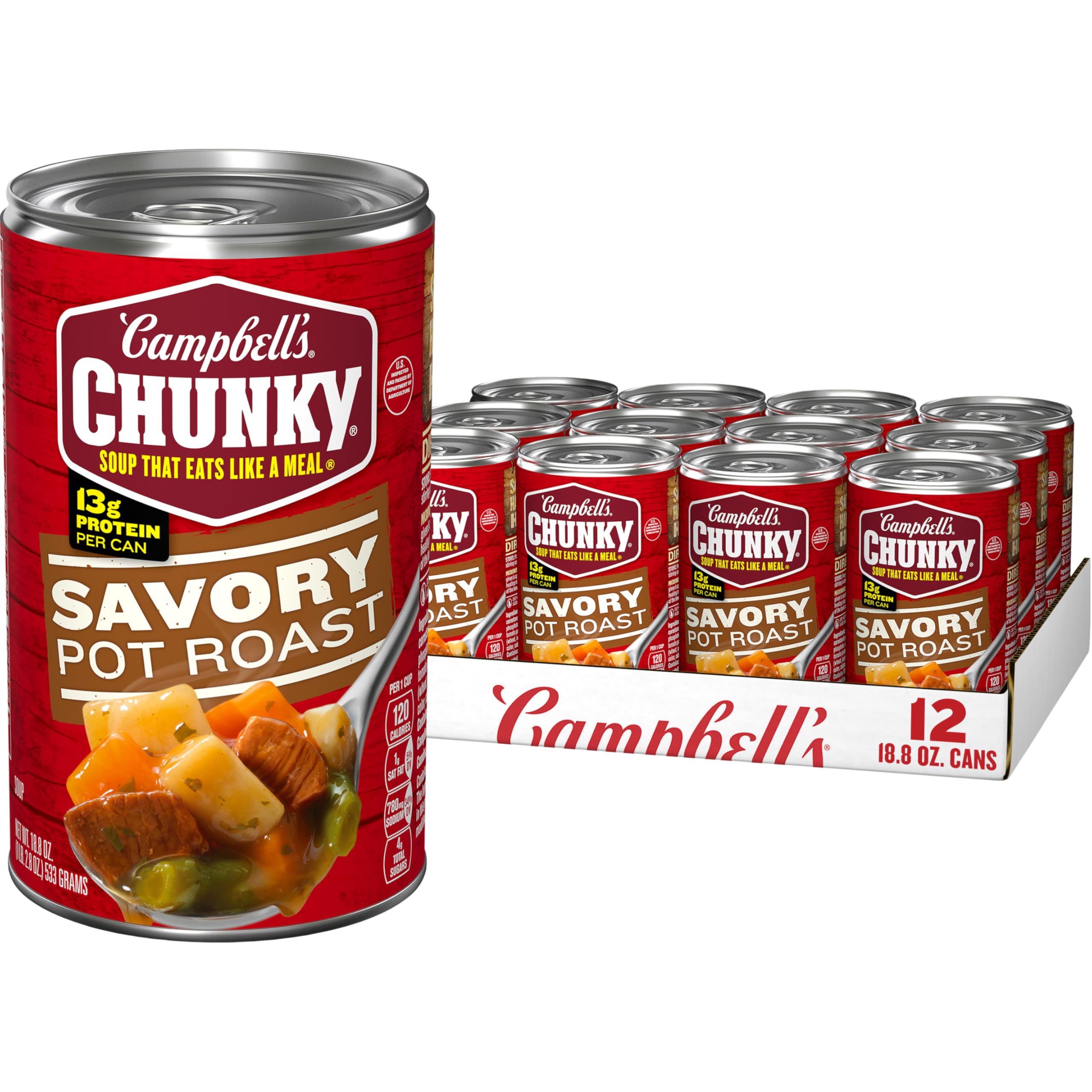 Campbell’s Chunky Soup - Savory Pot Roast Flavor, 18.8 oz Cans (Pack of 12) | Hearty Beef & Vegetable Soup for Quick Meals, Camping & Emergency Food Supply