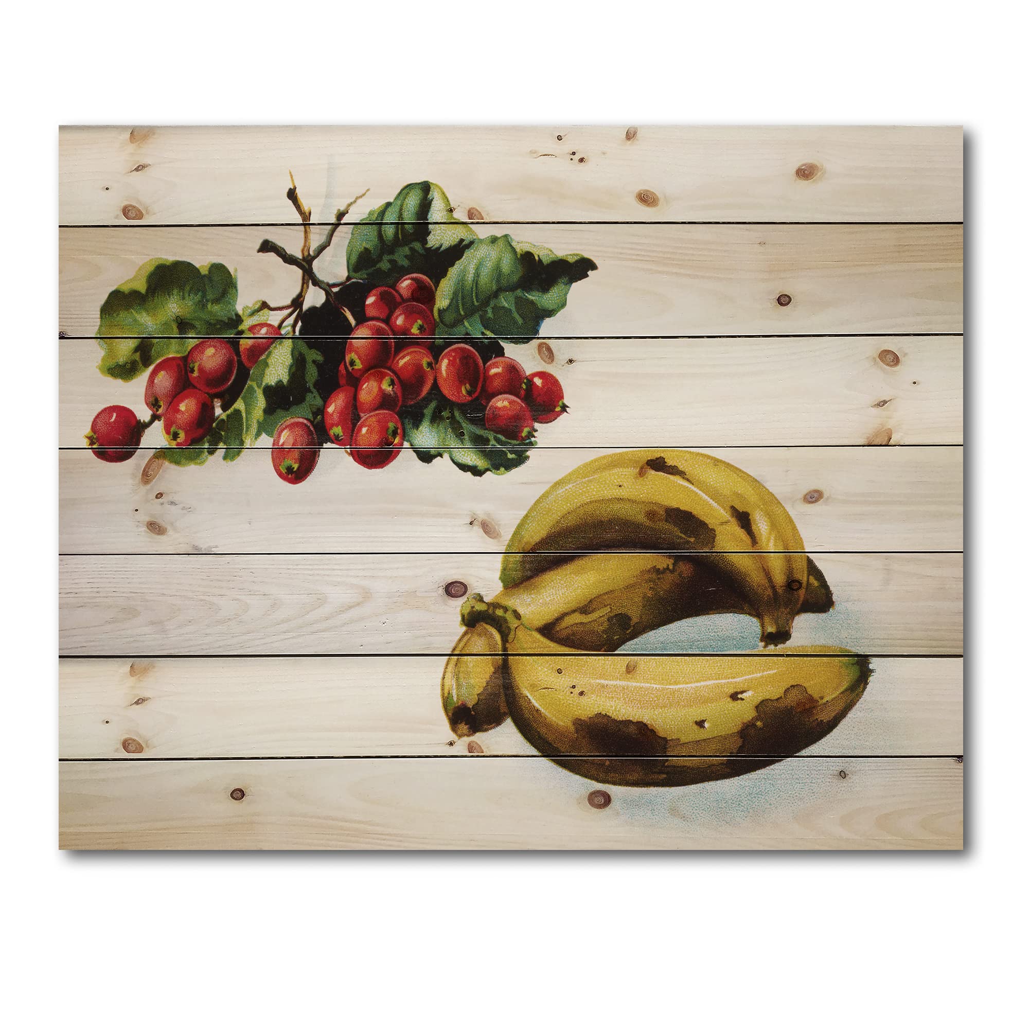 DesignQ Farmhouse Wood Wall Decor - Banana & Red Berries Art Print on Natural Pine Wood, Large Yellow Wood Wall Art for Kitchen & Dining Room Decor