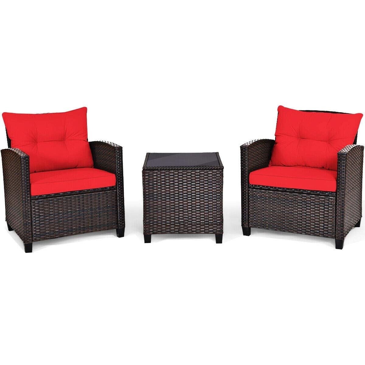 3-Piece Red Outdoor Patio Conversation Set with 2 Rattan Chairs & 1 Tempered Glass Coffee Table - Soft Cushions Included - Perfect for Backyard, Deck, Balcony, Poolside & Outdoor Living Spaces