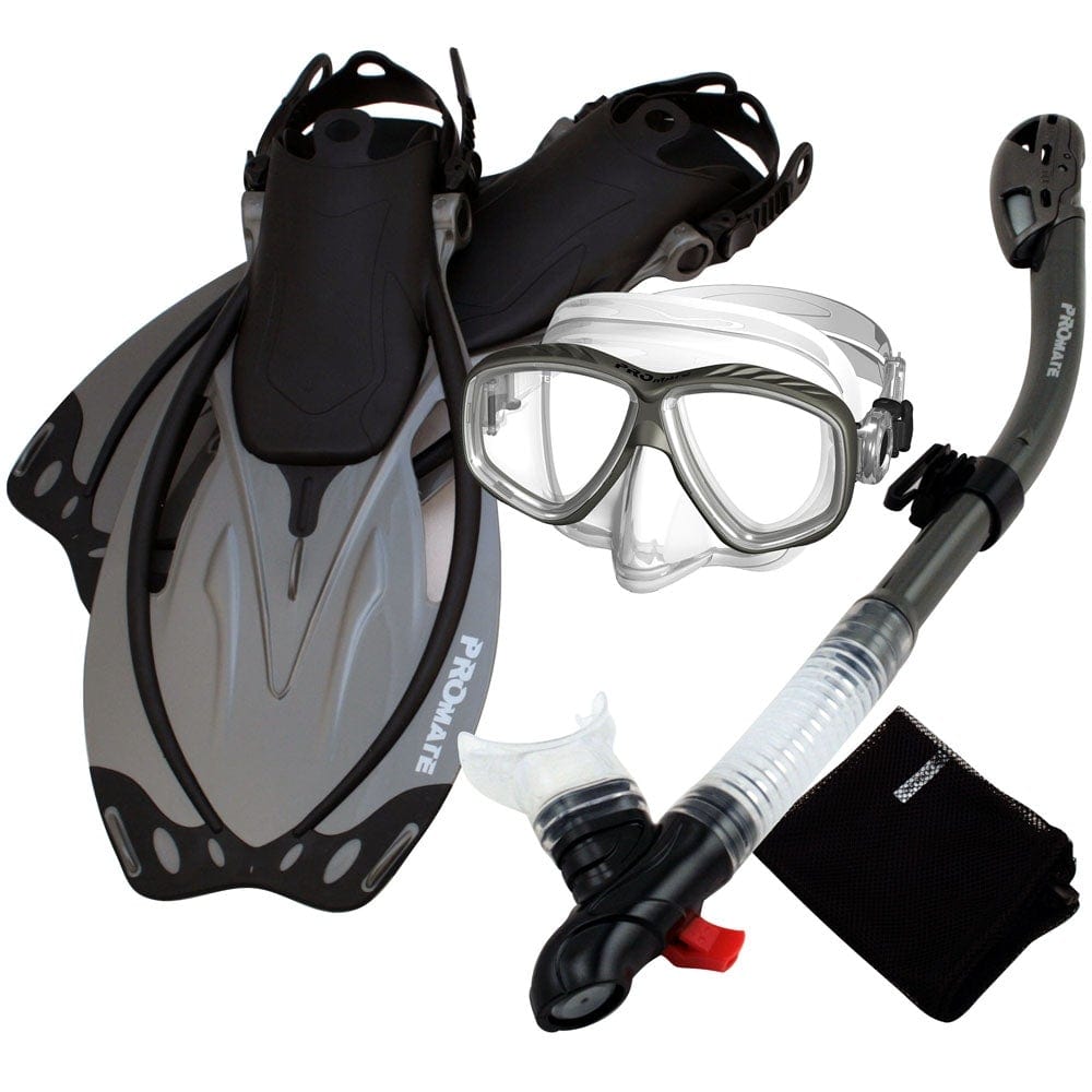 **Promate Snorkeling Set - Anti-Fog PURGE Mask, Dry Snorkel, Swim Fins & Mesh Bag (SCS0097) - Perfect for Ocean Adventures, Beach Vacations & Underwater Exploration**
