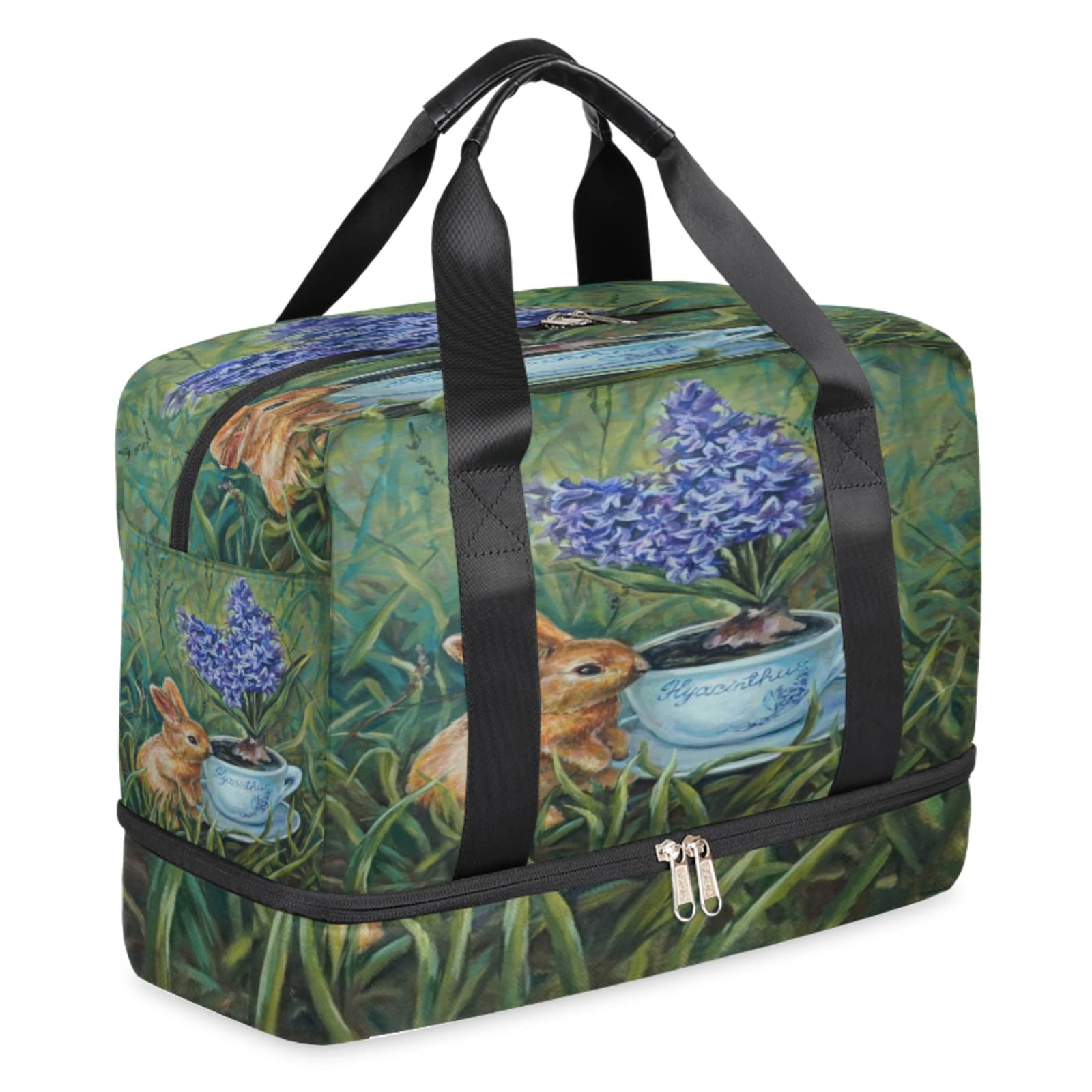 Waterproof Gym Bag with Wet Pocket & Shoe Pouch - Bunny Flower Hyacinth Print Sports Tote, Travel Duffel & Weekender Overnight Bag for Men & Women | Perfect for Gym, Travel & Sports Activities