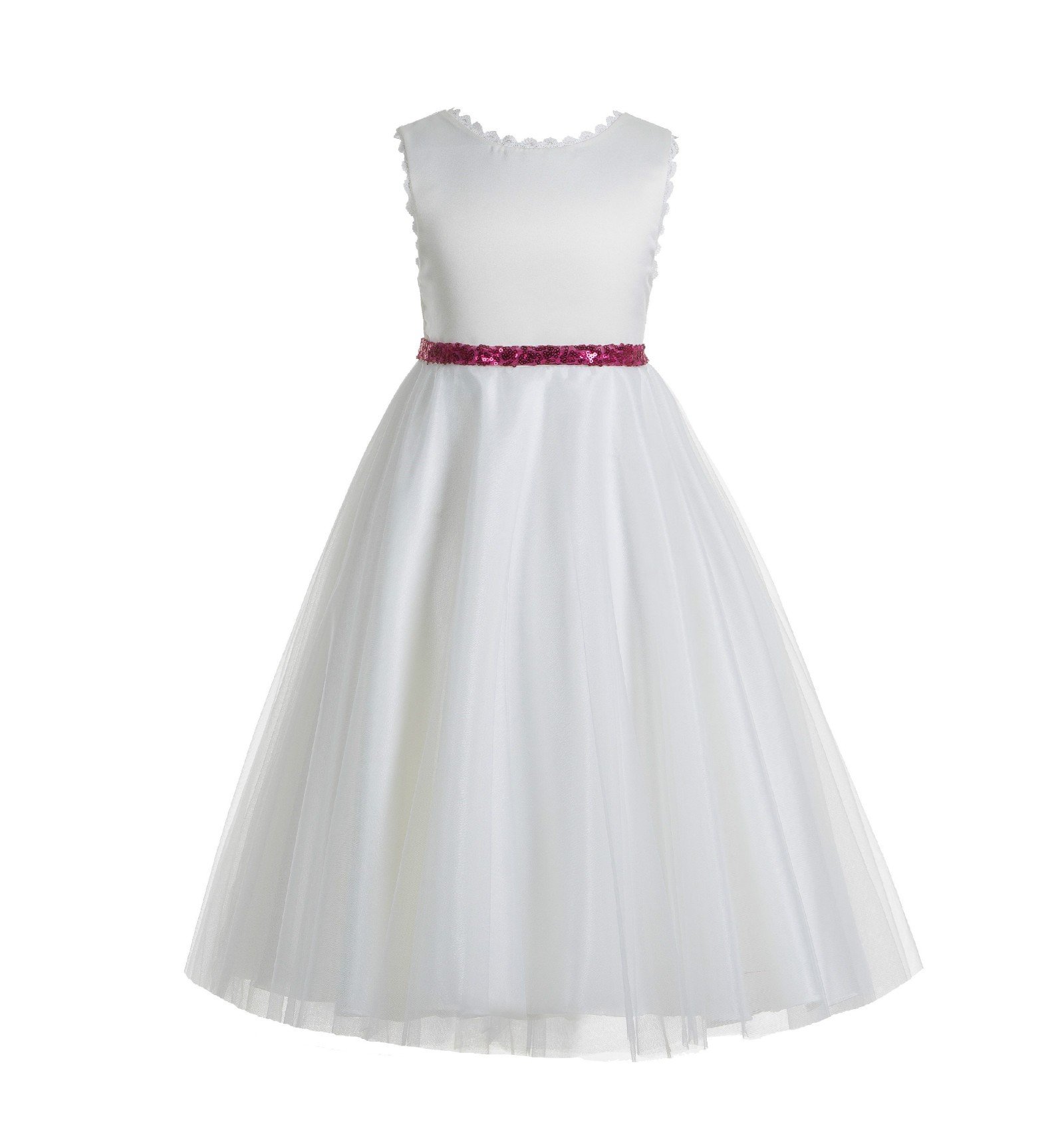 Elegant V-Back Lace Flower Girl Dress - White Communion & Baptism Gown for Girls | Perfect for Weddings, First Communion & Special Occasions