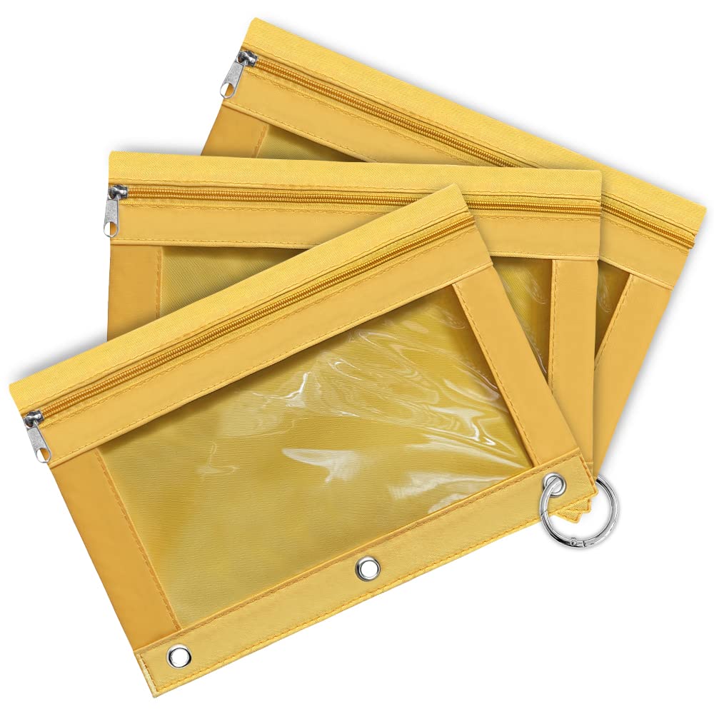 3-Pack Multi-Color Large Capacity Pencil Pouch with Zipper Closure & Clear Window - 3 Ring Binder Pencil Case with Reinforced Grommets (Yellow) - Perfect for School, Office & Art Supplies Organization