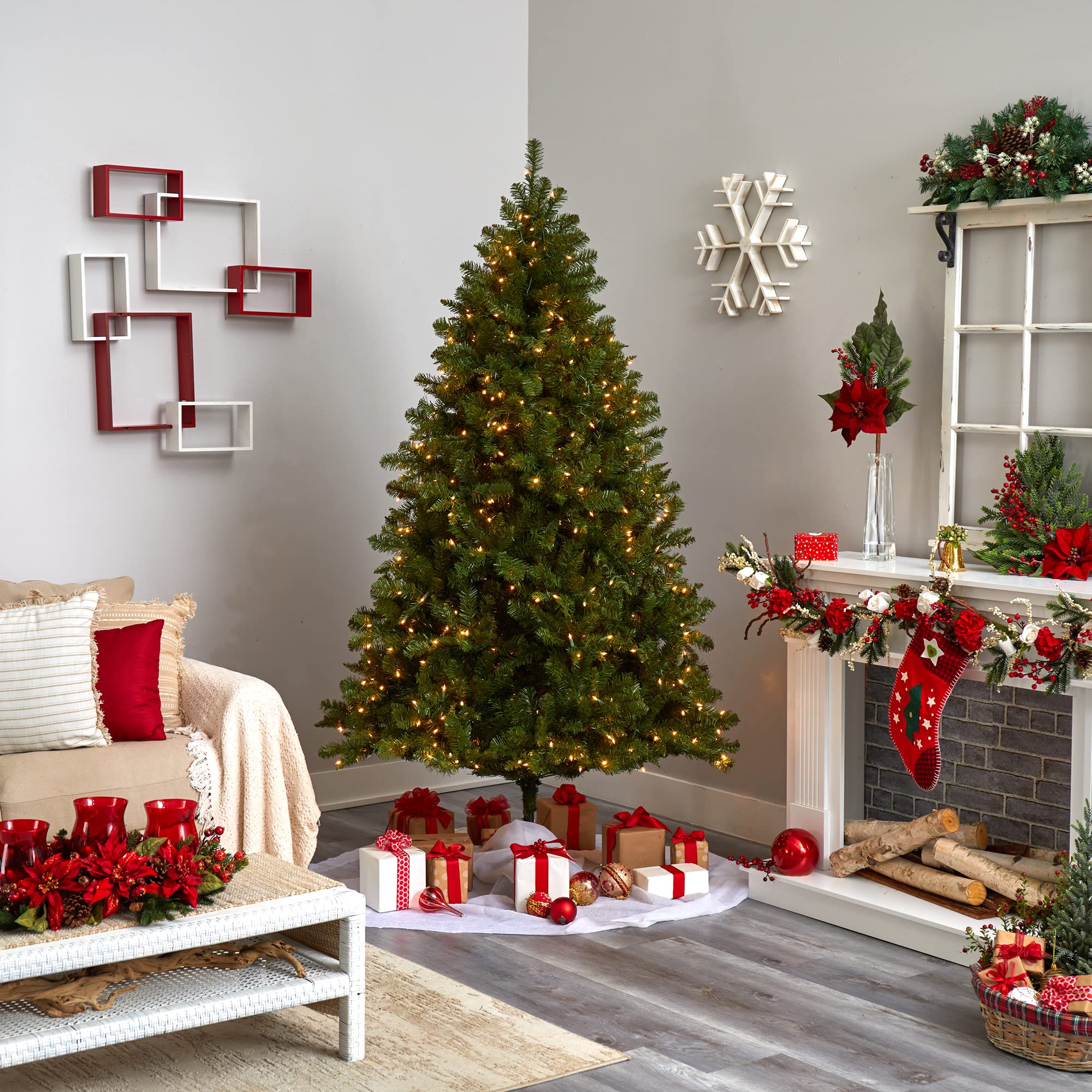 Nearly Natural 5374 7.5-Foot Pre-Lit Artificial Christmas Tree with Clear Lights - Realistic Green Pine for Holiday Home Decor, Living Room, Office & Party Decoration