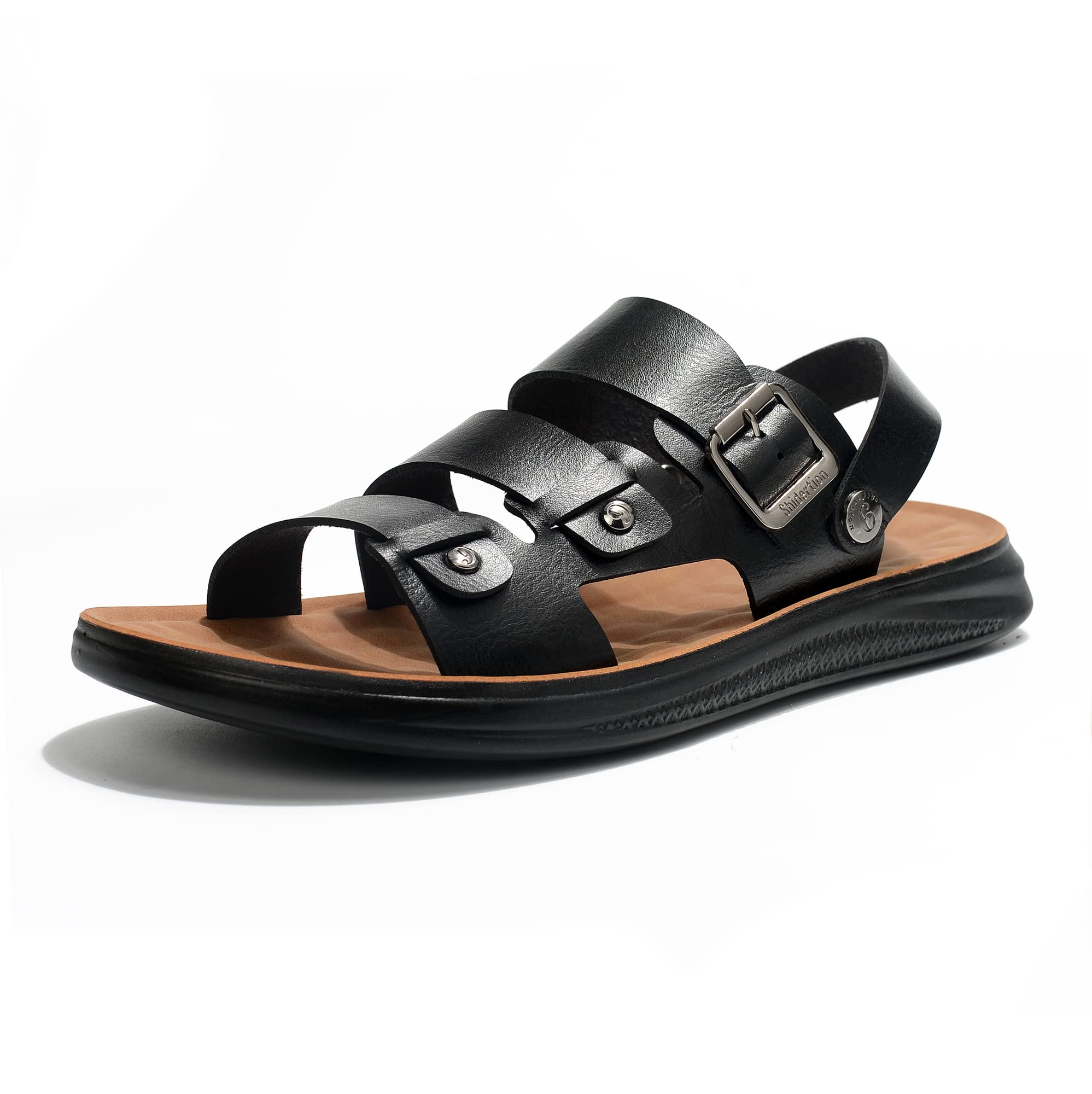 PHEFEE Men's Leather Sandals with Adjustable Buckle Straps - Roman Style Open Toe Outdoor Sandals for Walking, Beach, and Summer Travel
