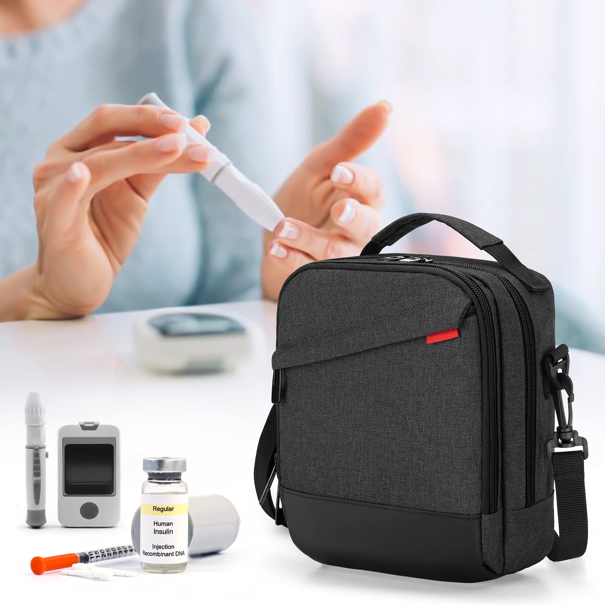 CURMIO Insulin Cooler Travel Case - Portable Diabetes Supplies Organizer with Shoulder Strap for Glucose Meter, Test Strips & Diabetic Accessories (Black, Patented Design) - Perfect for Travel, Work & Daily Use