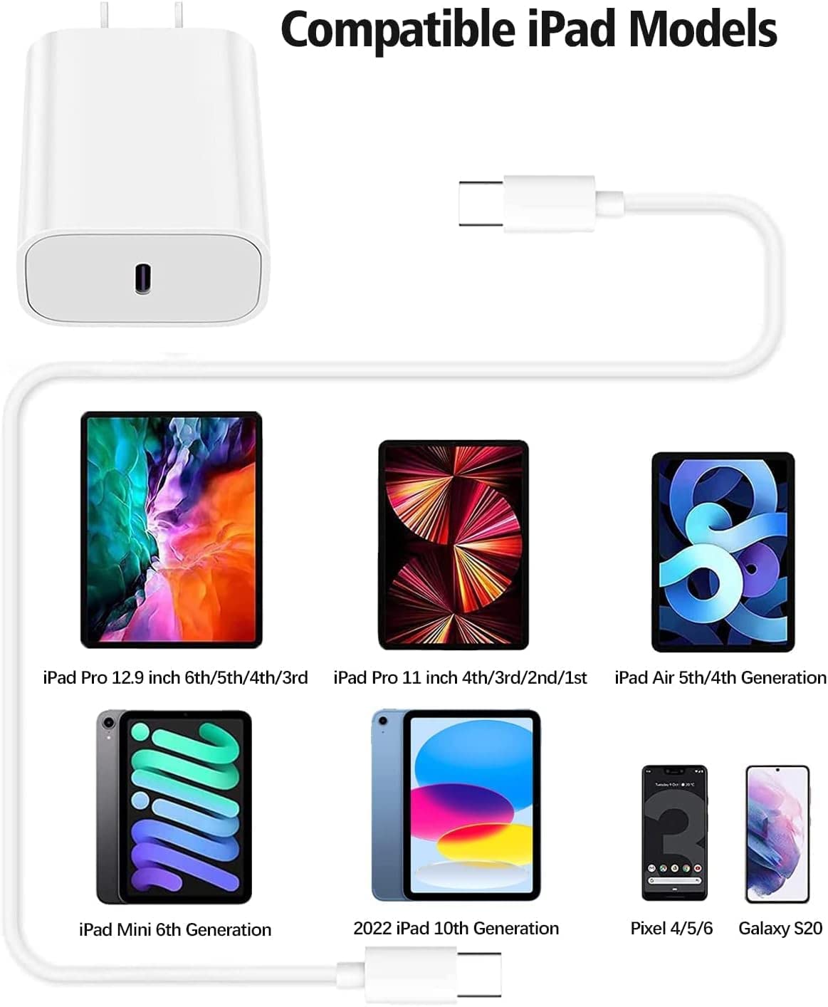 3-Pack 20W USB C Fast Charger with 10FT Long Cable for iPad Pro 12.9/11, iPad 10th Gen, iPad Air 5th/4th Gen, iPad Mini 6, iPhone 15 Series - Perfect for Home, Office & Travel Charging