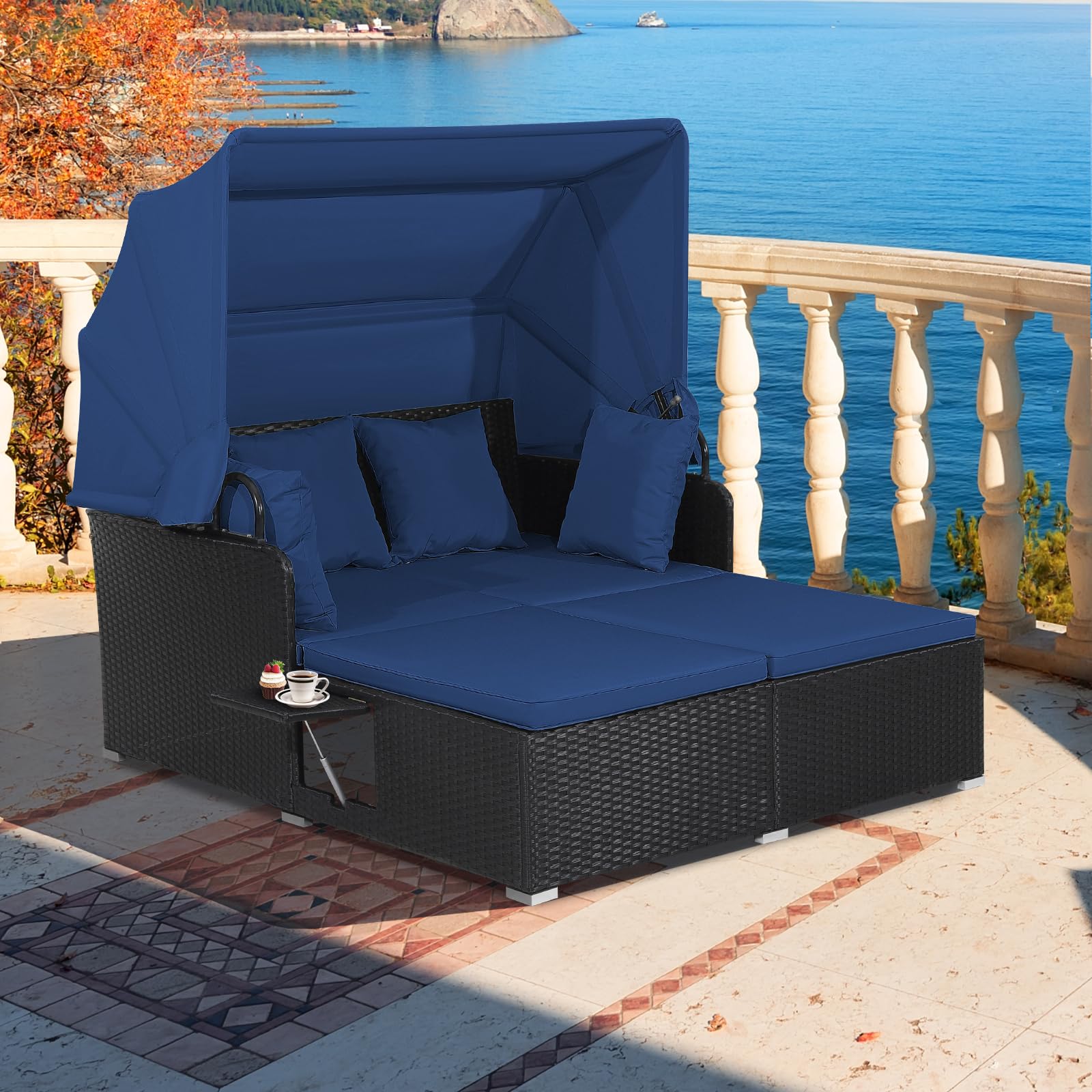 **HAPPYGRILL Outdoor Wicker Lounge Daybed - Hand-Woven PE Rattan Patio Loveseat Sofa Set with Retractable Canopy & 2 Side Tables - Sun Lounger with Soft Cushions (Navy) - Perfect for Poolside, Garden, or Backyard Relaxation**
