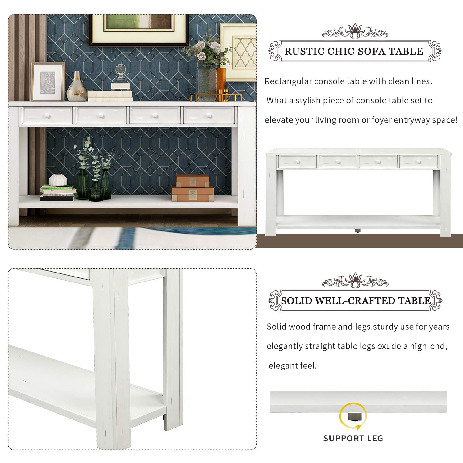 Modern Solid Wood Console Table with 4 Drawers & Shelf - Sturdy Entryway Sofa Table for Living Room, Bedroom, Hallway - Multifunctional Storage Side Table (White) - Perfect for Small Spaces, Home Decor & Organizing Keys, Books, Decor Items