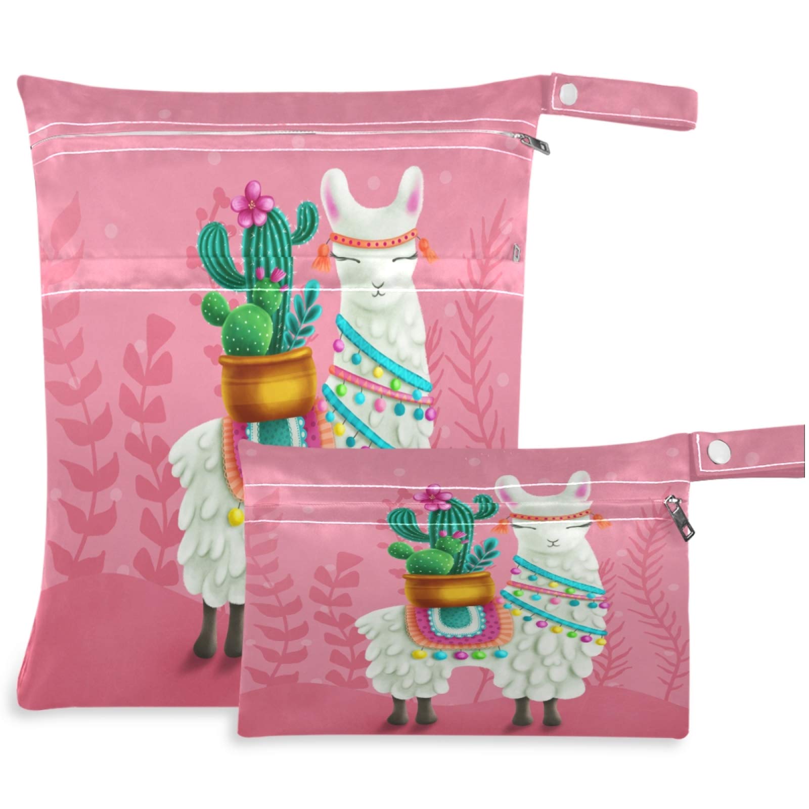 Visesunny 2PCS Fun Llama with Cactus Floral Wet Bags - Waterproof Reusable Zippered Pouch for Travel, Beach, Pool, Gym & Daycare | Perfect for Swimsuits, Diapers, Toiletries & Dirty Clothes | Machine Washable & Spacious Storage