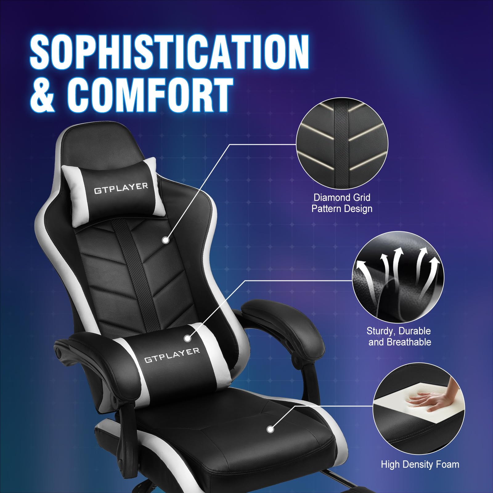 GTPLAYER Ergonomic Gaming Chair with Adjustable Footrest & Reclining Function - Comfortable Computer Desk Chair for Adults & Kids - Home Office & Video Game Setup (White) - Perfect for Long Gaming Sessions, Work from Home & Study