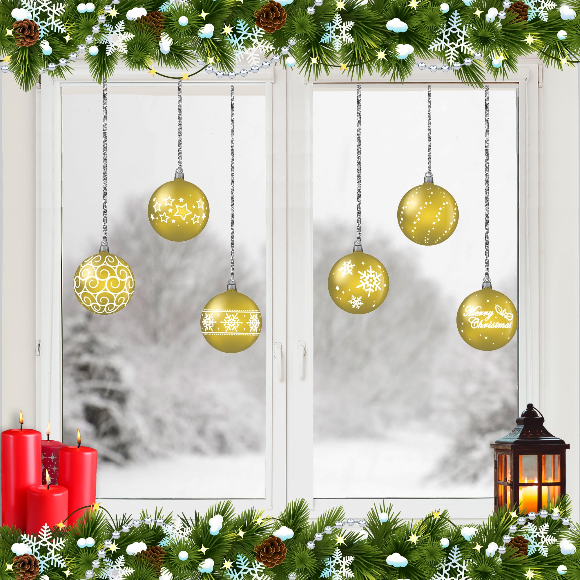 12-Pack Gold Glitter Window Clings with Hanging Strings - Holiday & Party Decor for Windows, Glass Doors, Mirrors - Christmas, Halloween, Easter Seasonal Decorations