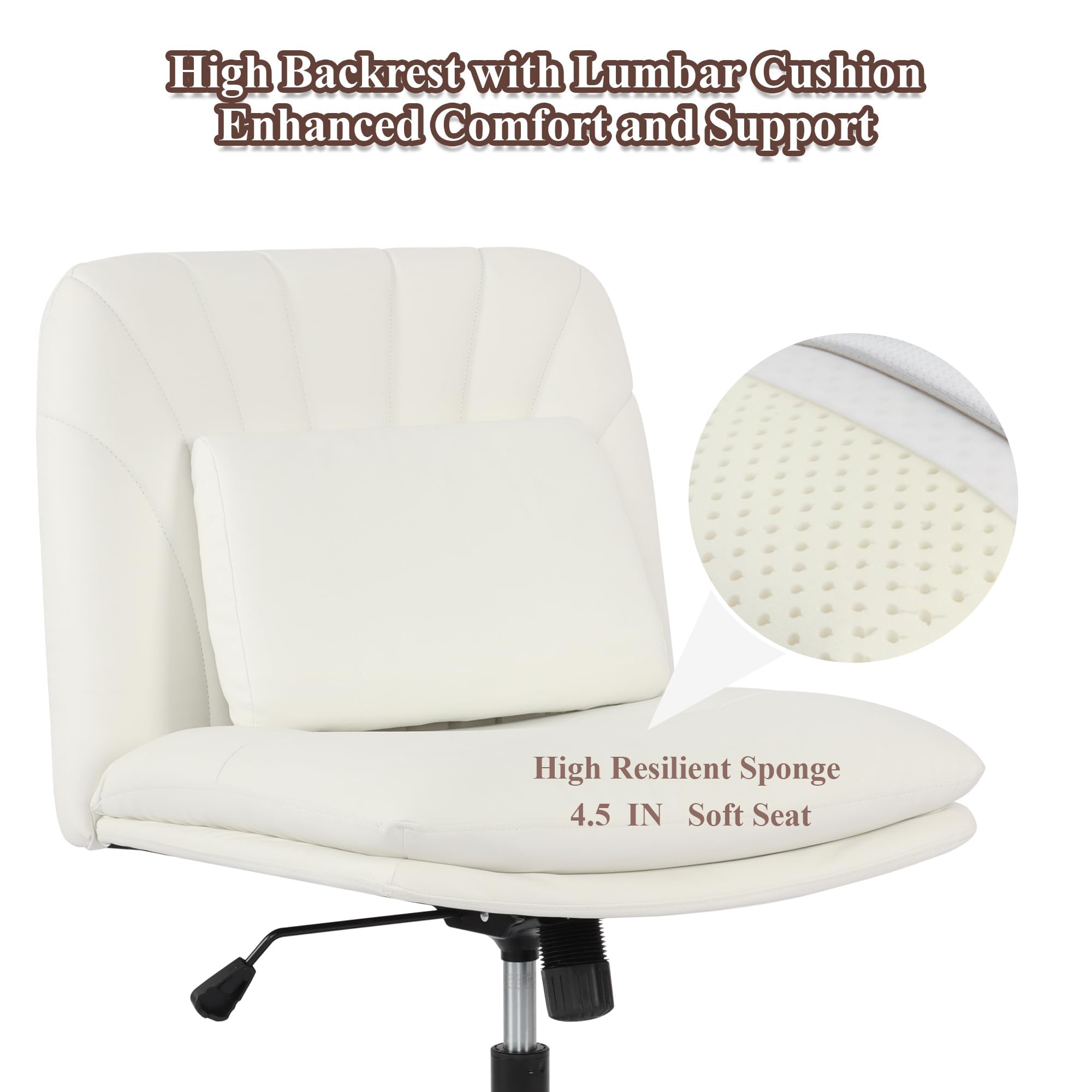 Ergonomic Criss Cross Chair - Armless Office Chair with Wheels & PU Leather - Cross Legged Meditation Chair with Wide Seat & Lumbar Support - White - Perfect for Home Office, Yoga, and Relaxation Spaces