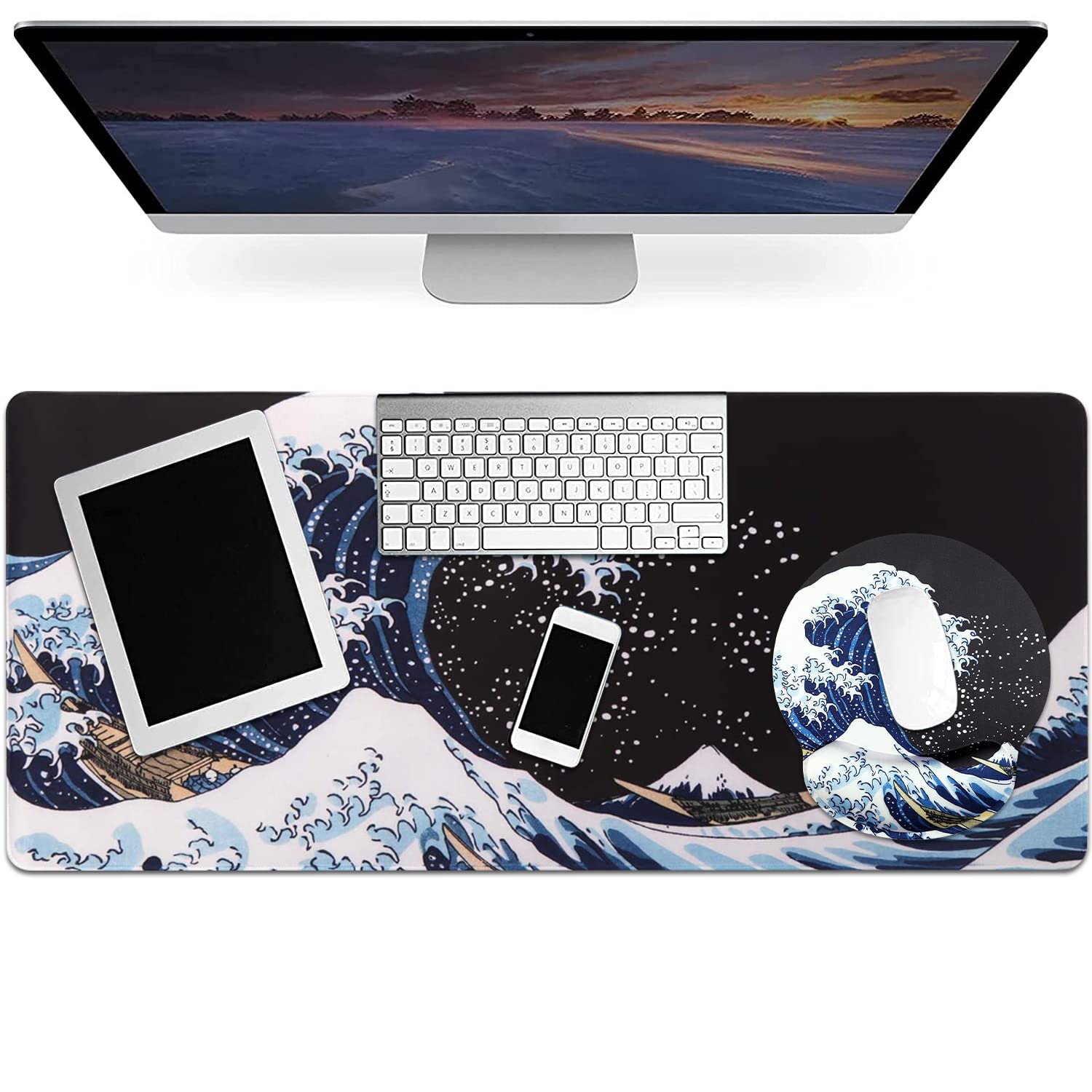 iLeadon Ergonomic Mouse Pad with Wrist Support - Non-Slip Rubber Base Gaming Mouse Pad Set for Pain Relief & Comfort - Perfect for Office, Home Computer Use & Long Gaming Sessions - Sea Wave Design