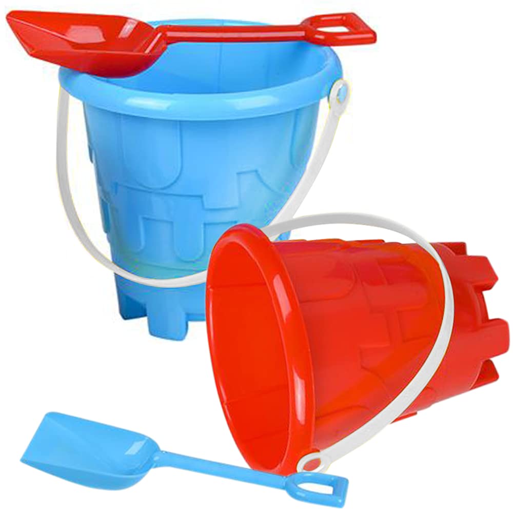 ArtCreativity 6 Inch Beach Bucket and Shovel Set for Kids - 2 Sand Shovels & 2 Buckets with Sandcastle Design - Fun Summer Sand Toys for Boys & Girls - Perfect for Beach Trips, Sandcastle Building, and Outdoor Play