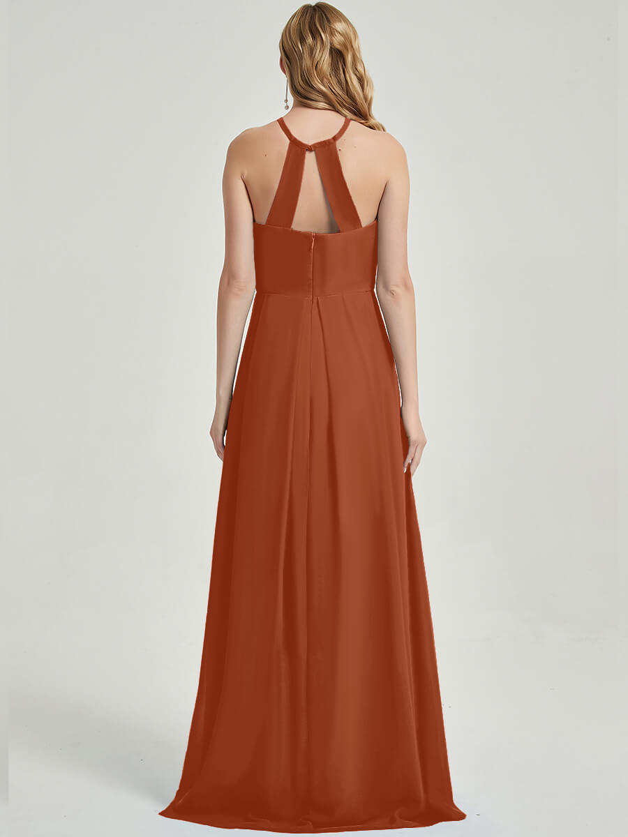 Elegant Burnt Orange Chiffon Bridesmaid Dress - Halter Neck, Empire Waist & Pleated Backless Design for Weddings, Parties & Special Occasions