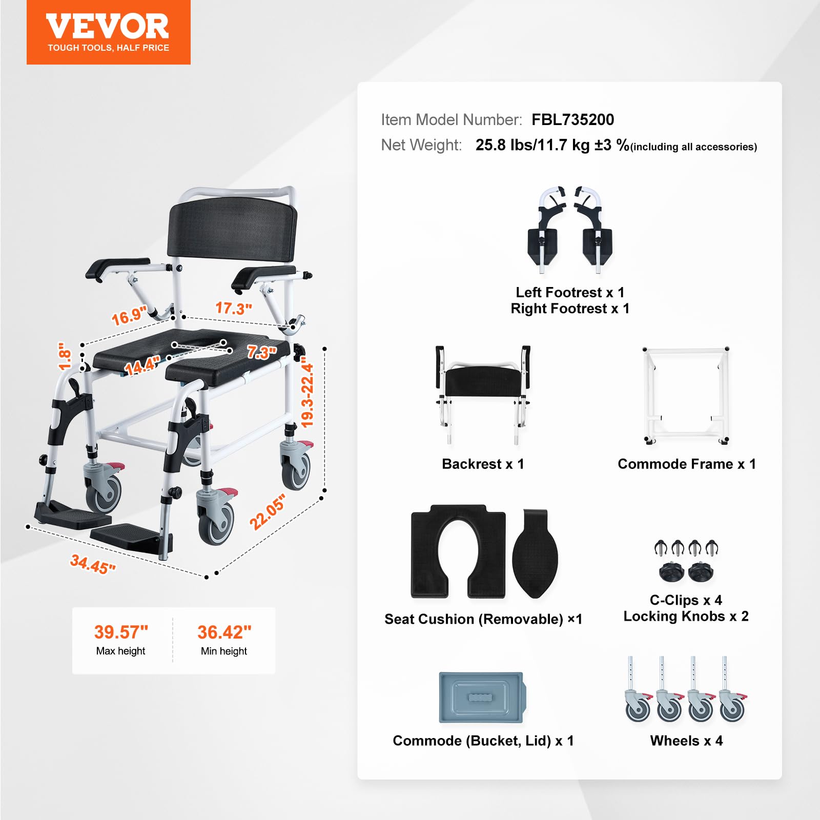 VEVOR Shower Commode Wheelchair with 4 Lockable Wheels & Adjustable Height - 350 LBS Capacity Commode Chair for Adults & Seniors - Ideal for Bathroom Safety, Elderly Care, and Post-Surgery Mobility Assistance