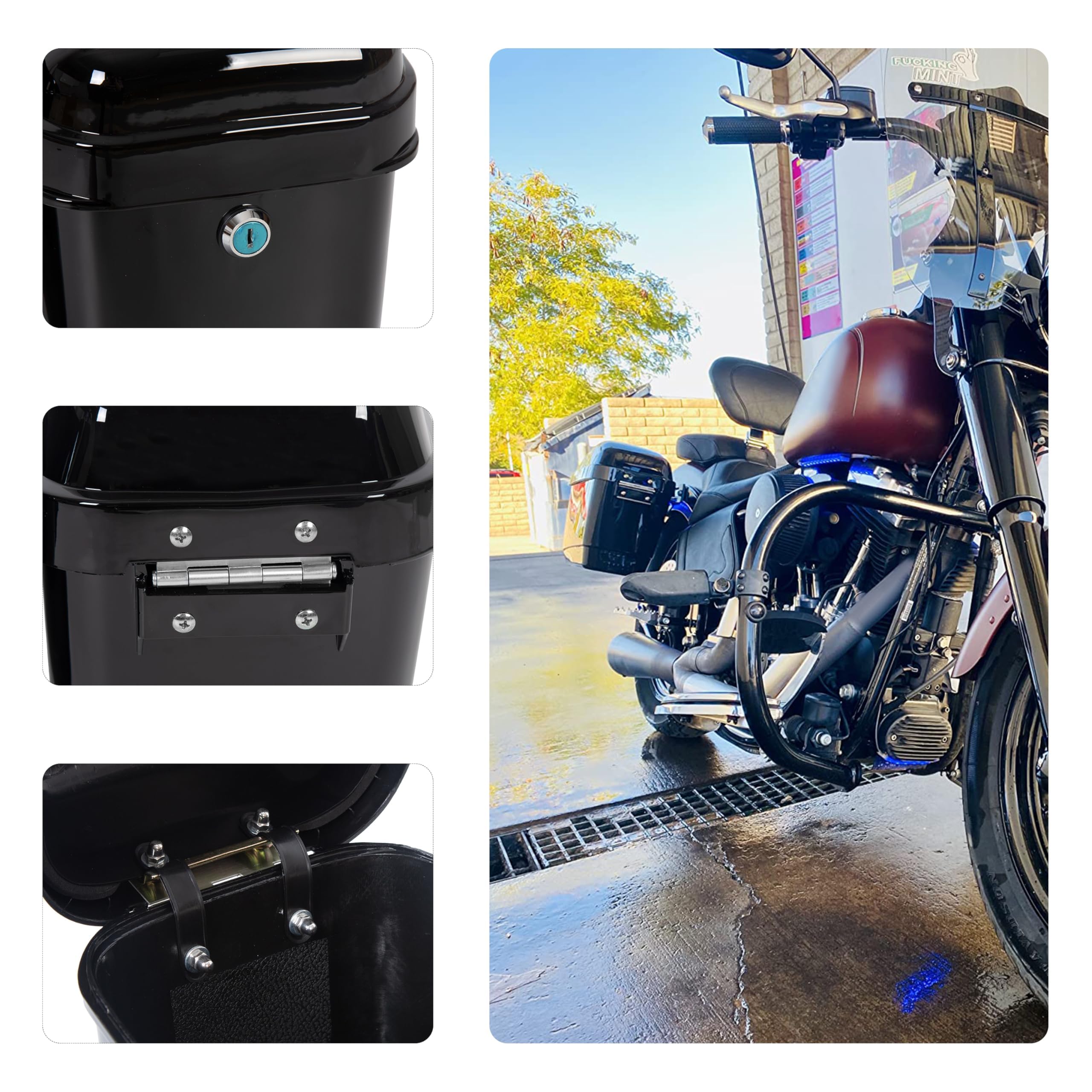ECOTRIC 45L Motorcycle Hard Saddlebags with Lock - Waterproof Storage Trunk for Harley Davidson, Honda Shadow, Kawasaki Vulcan | Durable Plastic Black Luggage Carrier w/Mounting Kit | Perfect for Long Rides & Touring