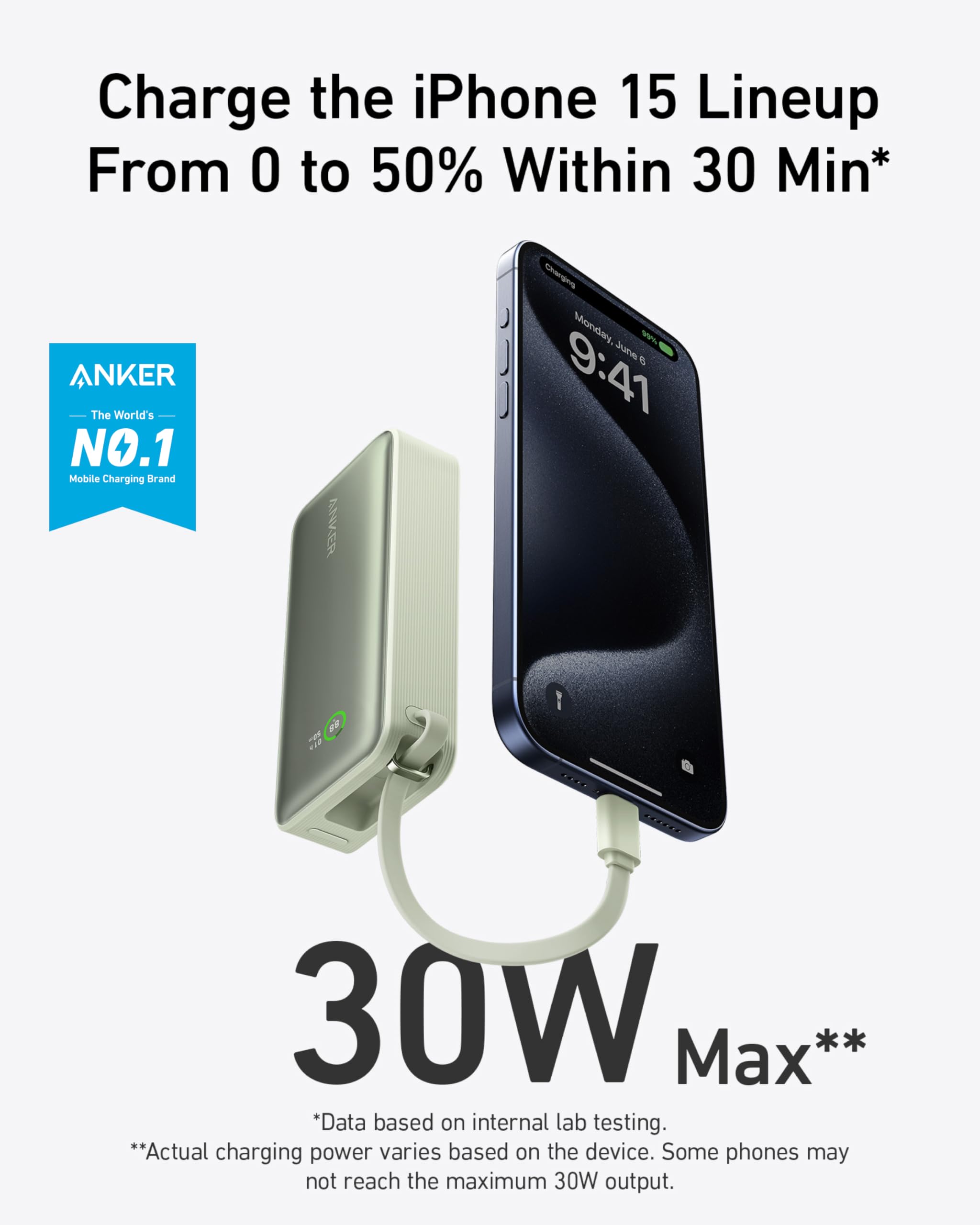 Anker Nano 10,000mAh Power Bank with Built-In USB-C Cable - 30W PD Fast Charging Portable Charger for iPhone 16/15, Galaxy S24/S23, iPad, AirPods - Compact External Battery Pack for Travel, Camping & Emergency Charging